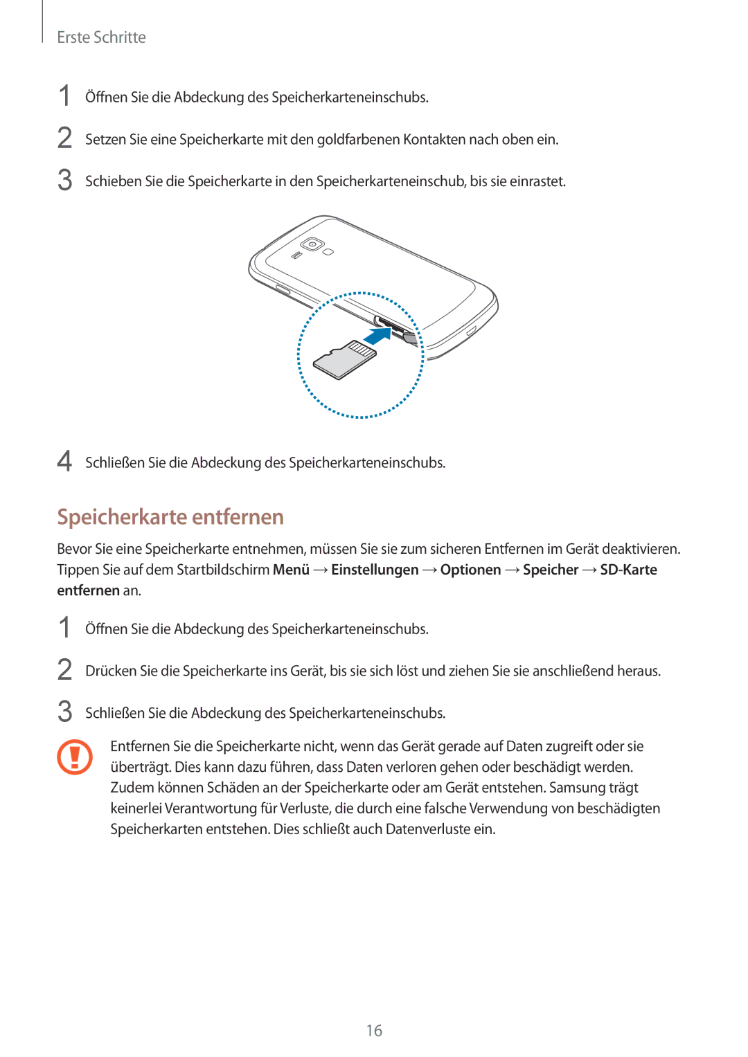 Samsung GT-S7580ZKAATO, GT-S7580ZKATPL, GT-S7580UWATPL, GT-S7580UWAEUR, GT-S7580ZKAOPT, GT-S7580ZKAPRT Speicherkarte entfernen 