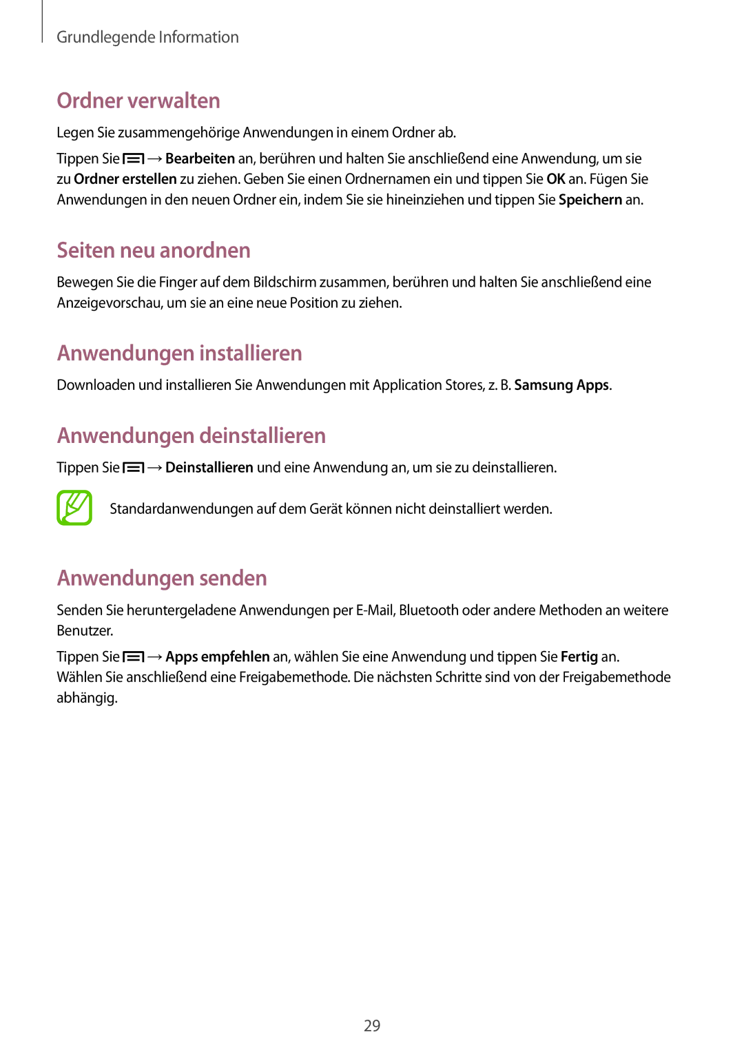 Samsung GT-S7580UWATUR manual Ordner verwalten, Anwendungen installieren, Anwendungen deinstallieren, Anwendungen senden 