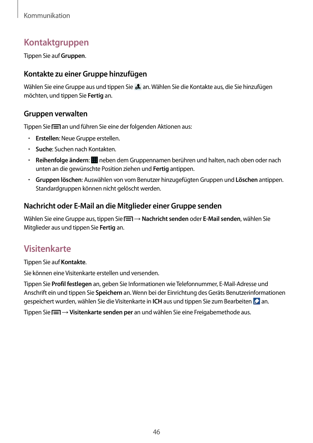 Samsung GT-S7580ZKATUR manual Kontaktgruppen, Visitenkarte, Kontakte zu einer Gruppe hinzufügen, Gruppen verwalten 