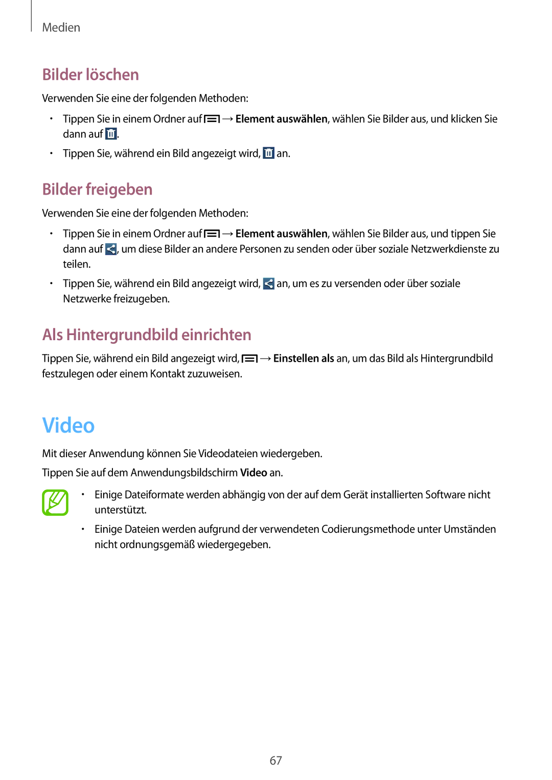 Samsung GT-S7580UWAXEO, GT-S7580ZKATPL manual Video, Bilder löschen, Bilder freigeben, Als Hintergrundbild einrichten 