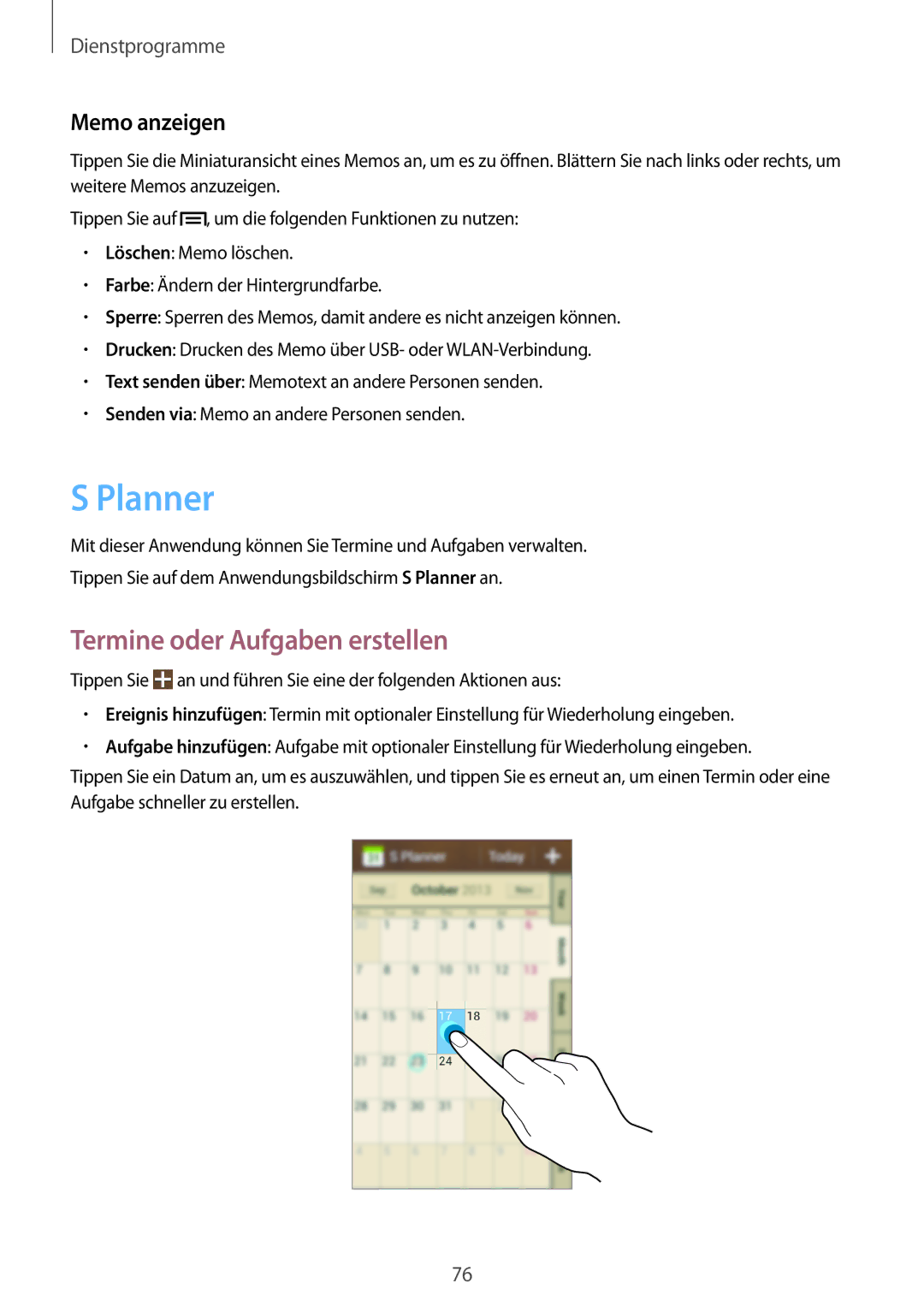 Samsung GT-S7580ZKAPRT, GT-S7580ZKATPL, GT-S7580UWATPL manual Planner, Termine oder Aufgaben erstellen, Memo anzeigen 