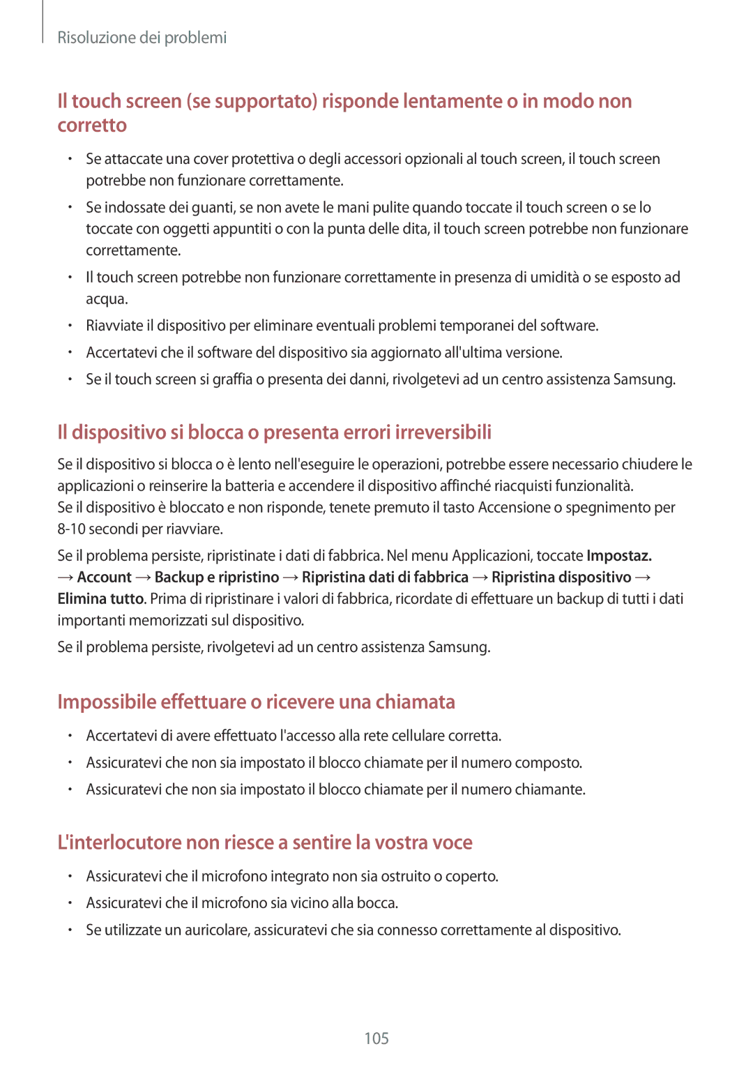 Samsung GT-S7580ZKAPRT, GT-S7580ZKATPL, GT-S7580UWATUR manual Il dispositivo si blocca o presenta errori irreversibili 