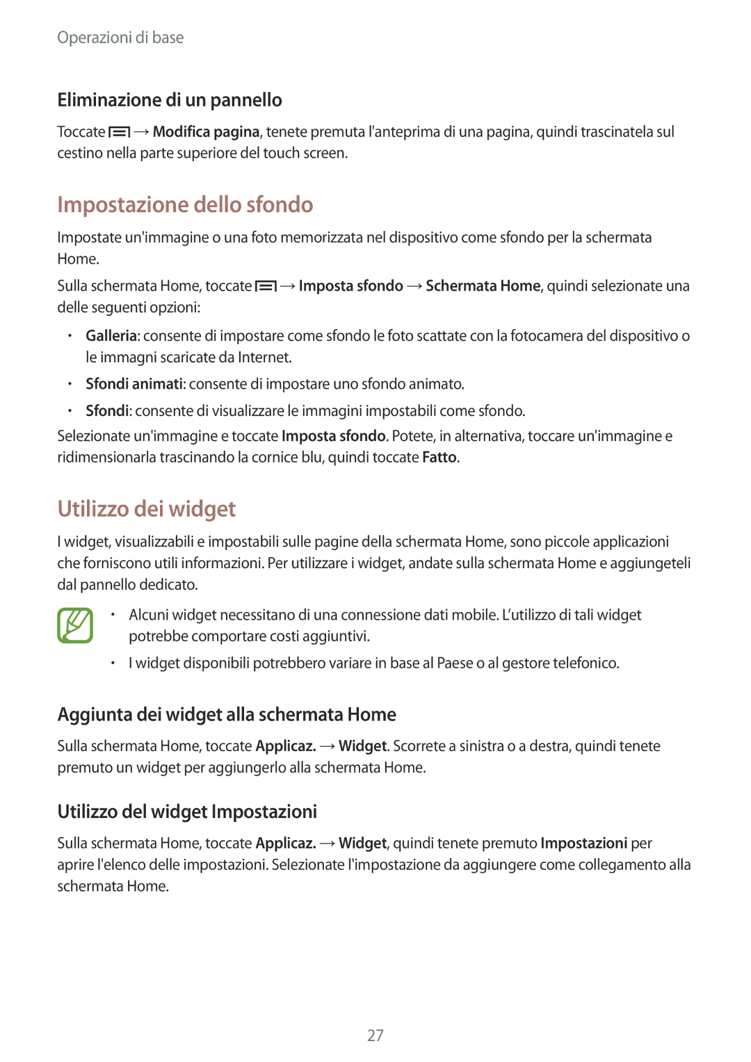 Samsung GT-S7580ZKAPRT, GT-S7580ZKATPL manual Impostazione dello sfondo, Utilizzo dei widget, Eliminazione di un pannello 