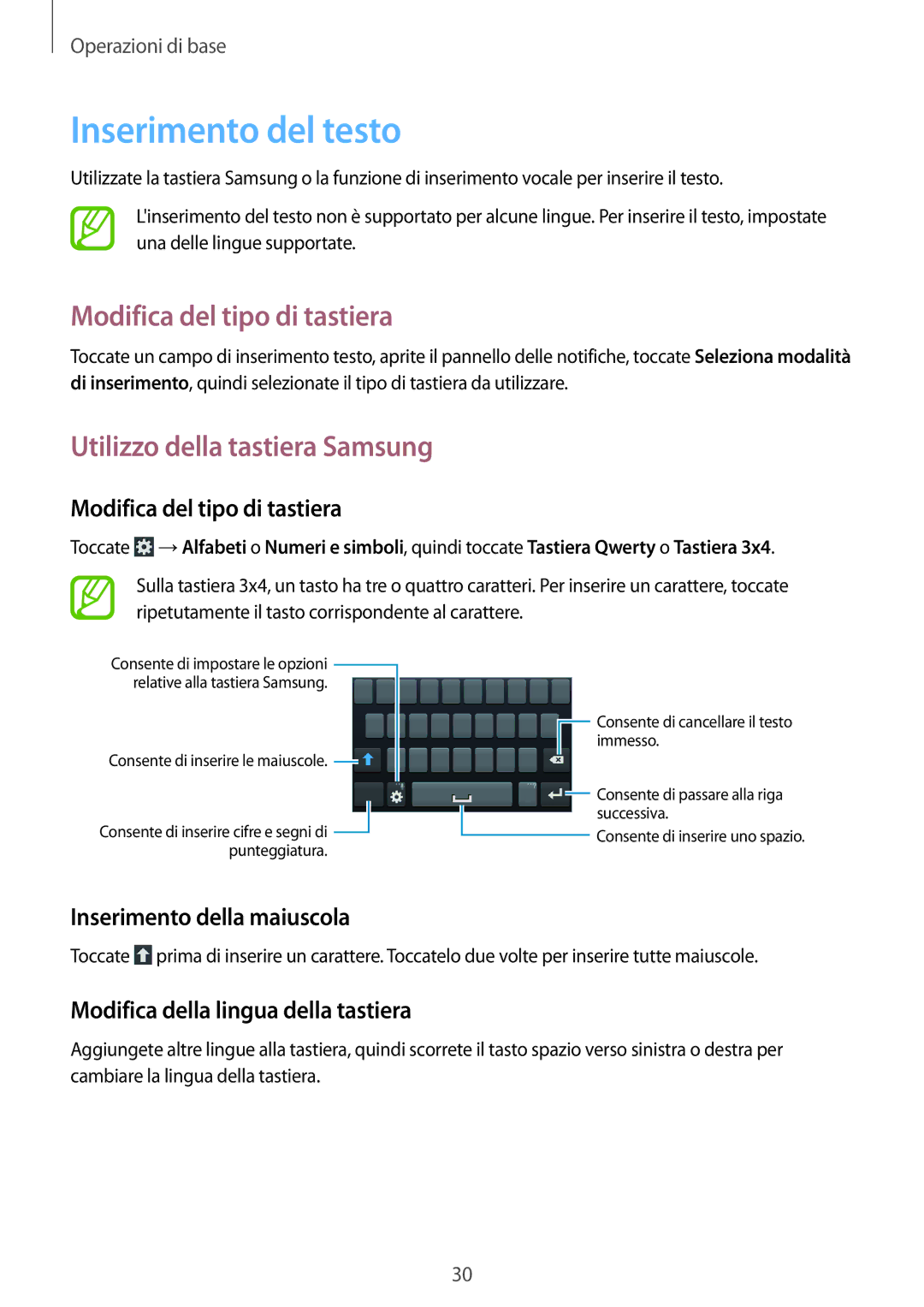 Samsung GT-S7580ZKAXEO manual Inserimento del testo, Modifica del tipo di tastiera, Utilizzo della tastiera Samsung 