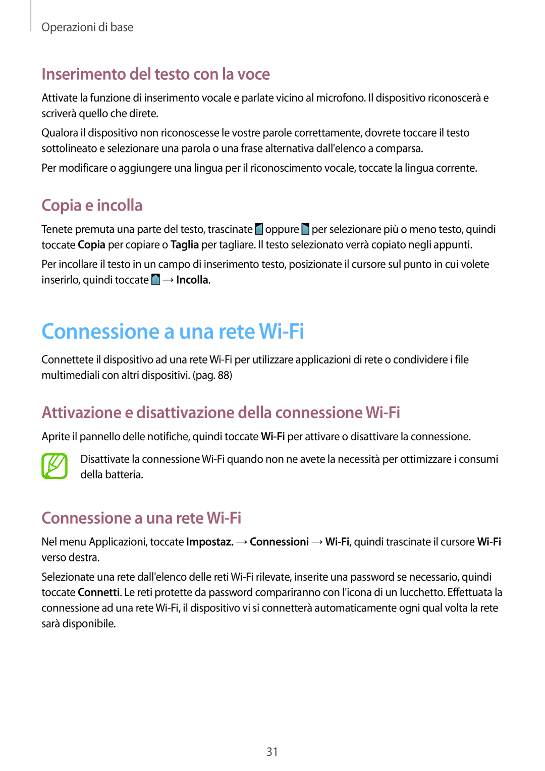 Samsung GT-S7580ZKAWIN, GT-S7580ZKATPL Connessione a una rete Wi-Fi, Inserimento del testo con la voce, Copia e incolla 