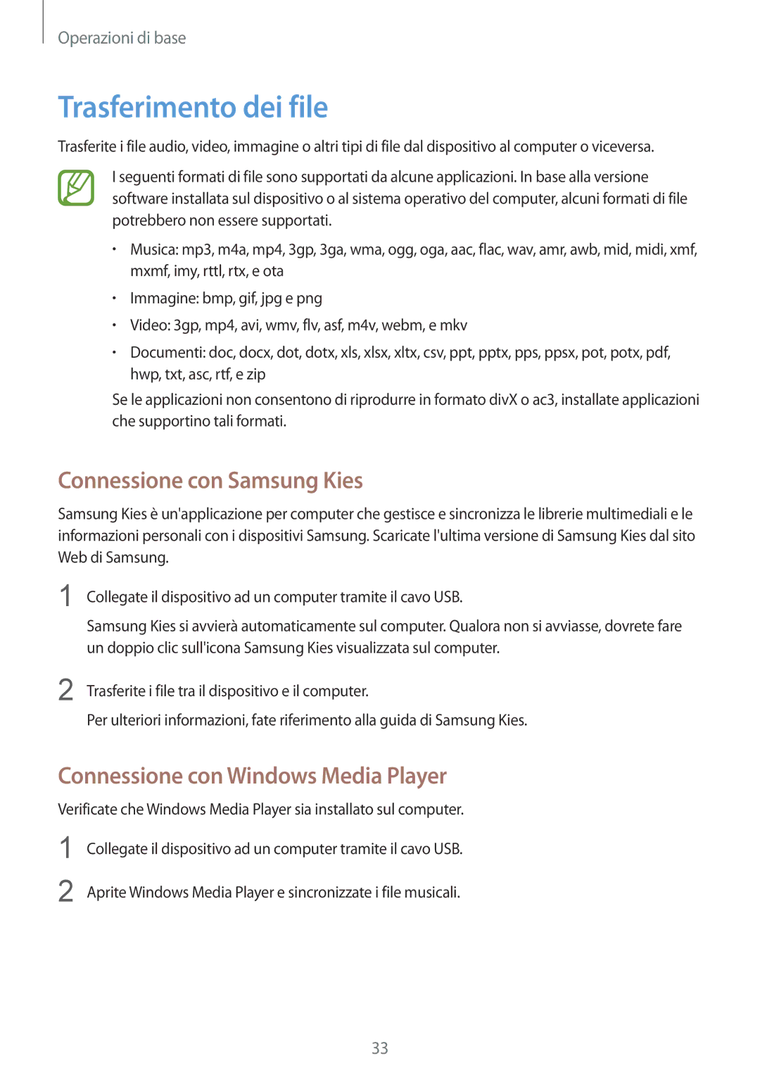 Samsung GT-S7580UWAWIN manual Trasferimento dei file, Connessione con Samsung Kies, Connessione con Windows Media Player 