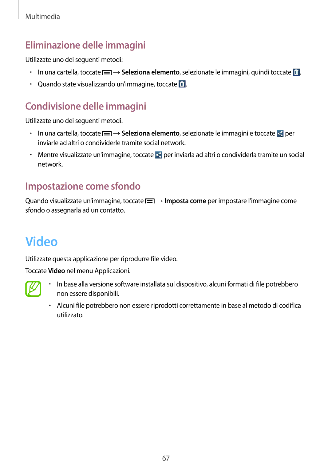 Samsung GT-S7580UWATUR manual Video, Eliminazione delle immagini, Condivisione delle immagini, Impostazione come sfondo 