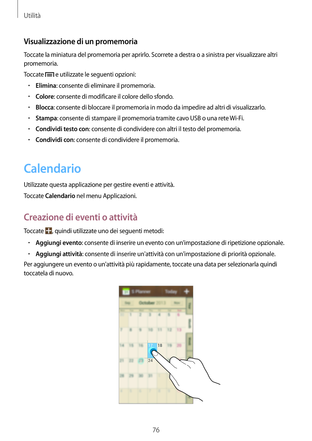 Samsung GT-S7580UWATIM, GT-S7580ZKATPL manual Calendario, Creazione di eventi o attività, Visualizzazione di un promemoria 