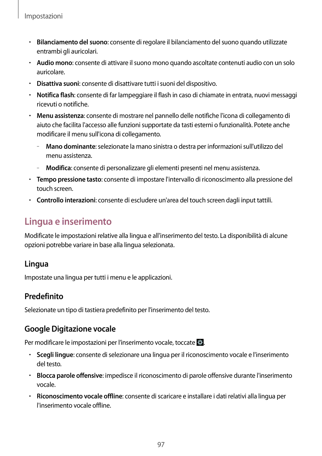 Samsung GT-S7580ZKAITV, GT-S7580ZKATPL, GT-S7580ZKAPRT manual Lingua e inserimento, Predefinito, Google Digitazione vocale 