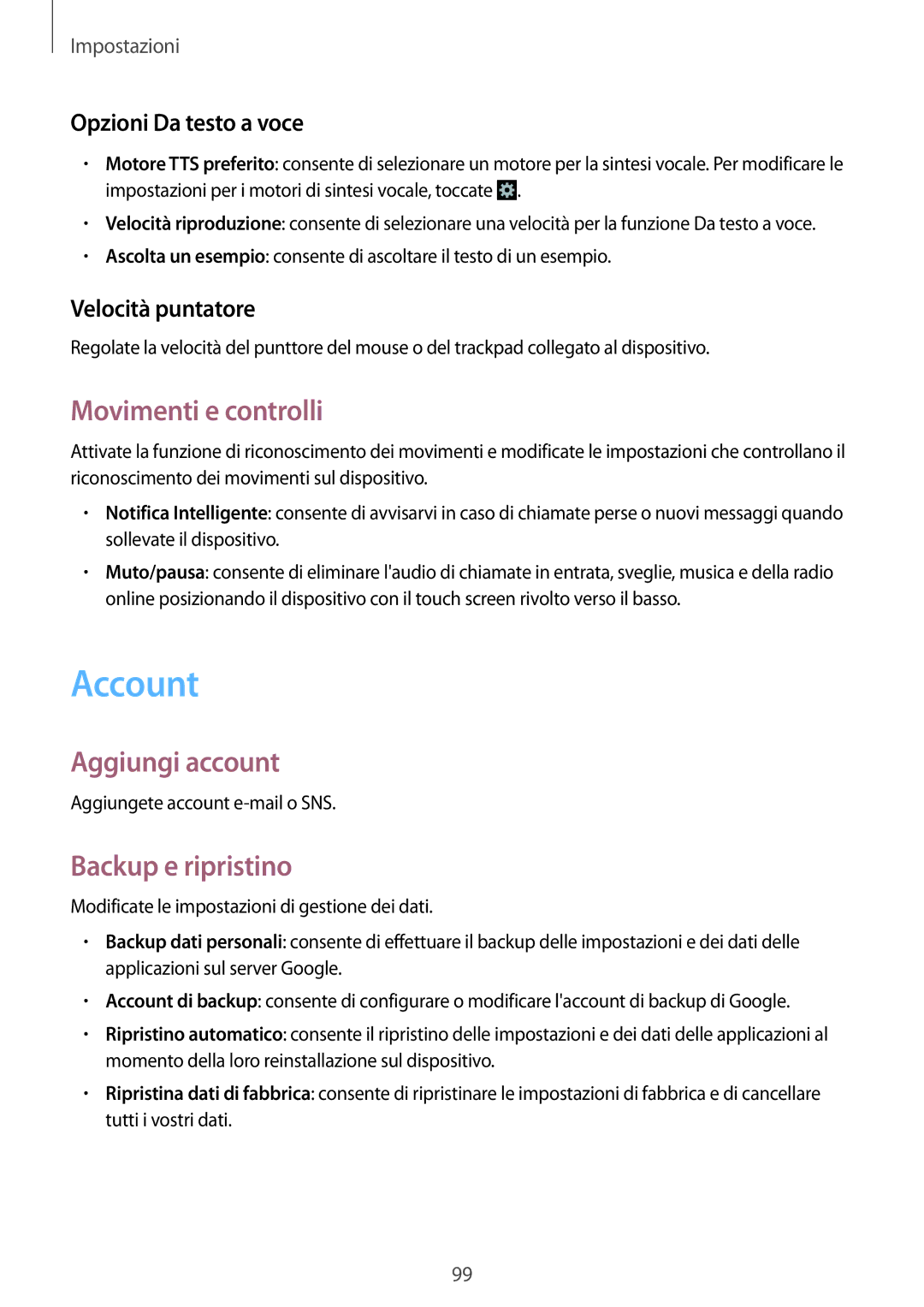 Samsung GT-S7580UWAOMN, GT-S7580ZKATPL manual Account, Movimenti e controlli, Aggiungi account, Backup e ripristino 