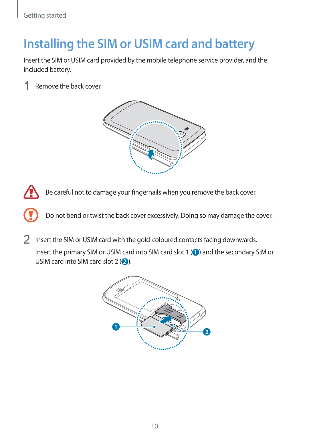 Samsung GT-S7582UWASEB, GT-S7582UWAEUR, GT-S7582ZKATPH, GT-S7582ZKAOPT manual Installing the SIM or Usim card and battery 