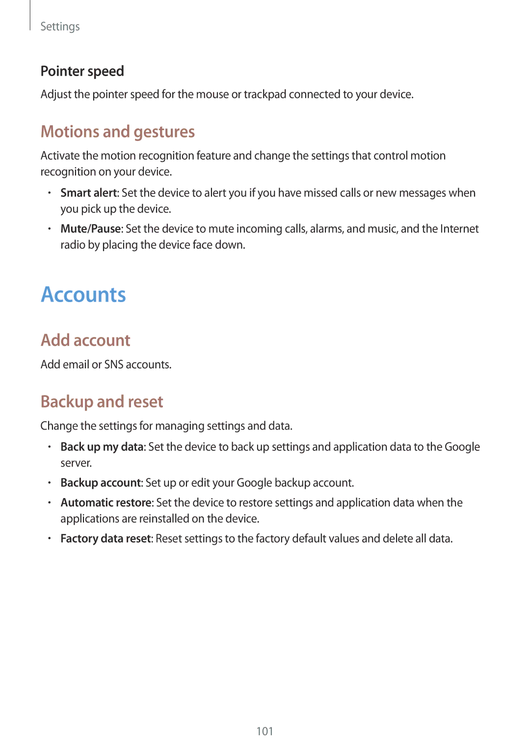 Samsung GT-S7582ZKAORX, GT-S7582UWAEUR manual Accounts, Motions and gestures, Add account, Backup and reset, Pointer speed 