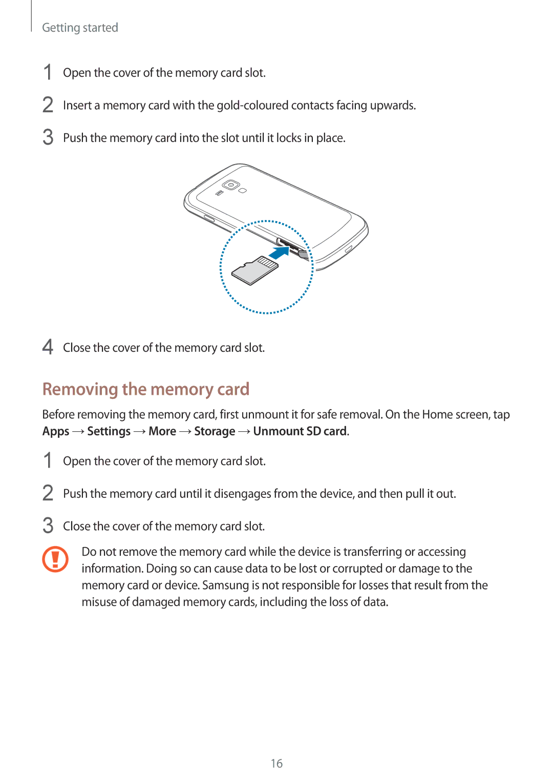 Samsung GT-S7582UWAVVT, GT-S7582UWAEUR, GT-S7582ZKATPH, GT-S7582ZKAOPT, GT2S7582ZKADBT manual Removing the memory card 