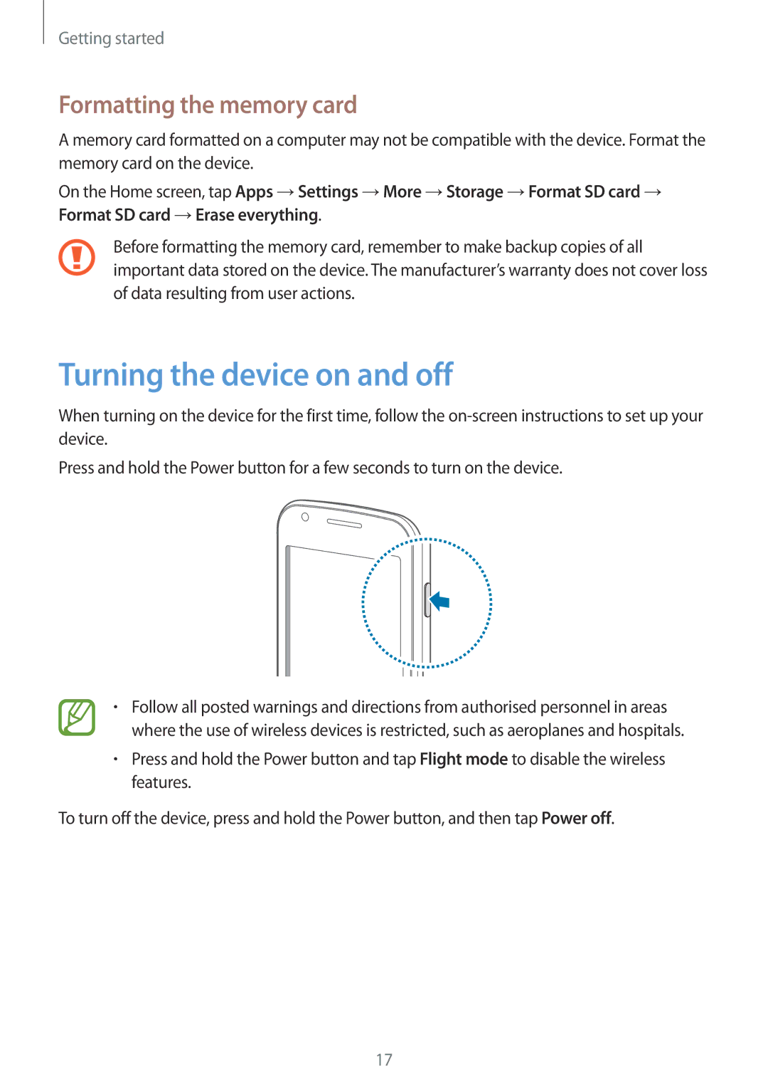 Samsung GT2S7582ZKABGL, GT-S7582UWAEUR, GT-S7582ZKATPH manual Turning the device on and off, Formatting the memory card 