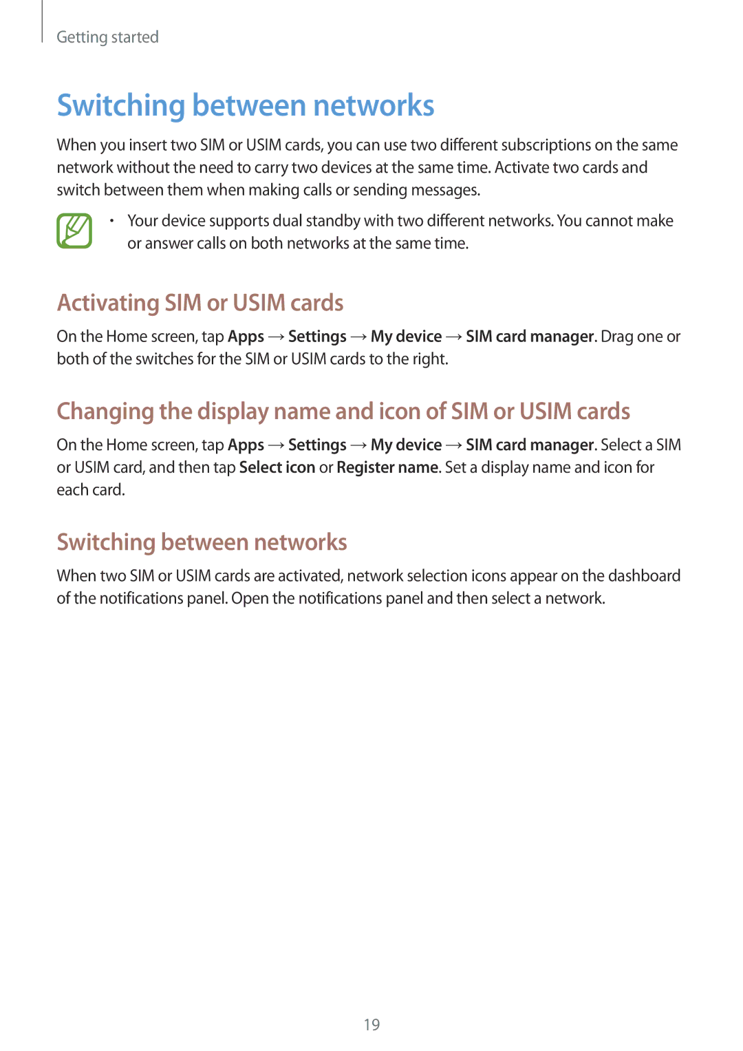 Samsung GT2S7582UWAXEH, GT-S7582UWAEUR, GT-S7582ZKATPH manual Switching between networks, Activating SIM or Usim cards 