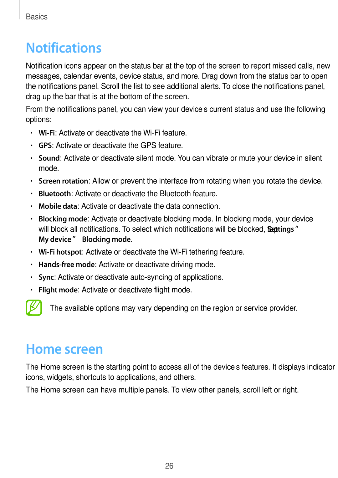 Samsung GT2S7582ZKAETL, GT-S7582UWAEUR, GT-S7582ZKATPH, GT-S7582ZKAOPT, GT2S7582ZKADBT manual Notifications, Home screen 