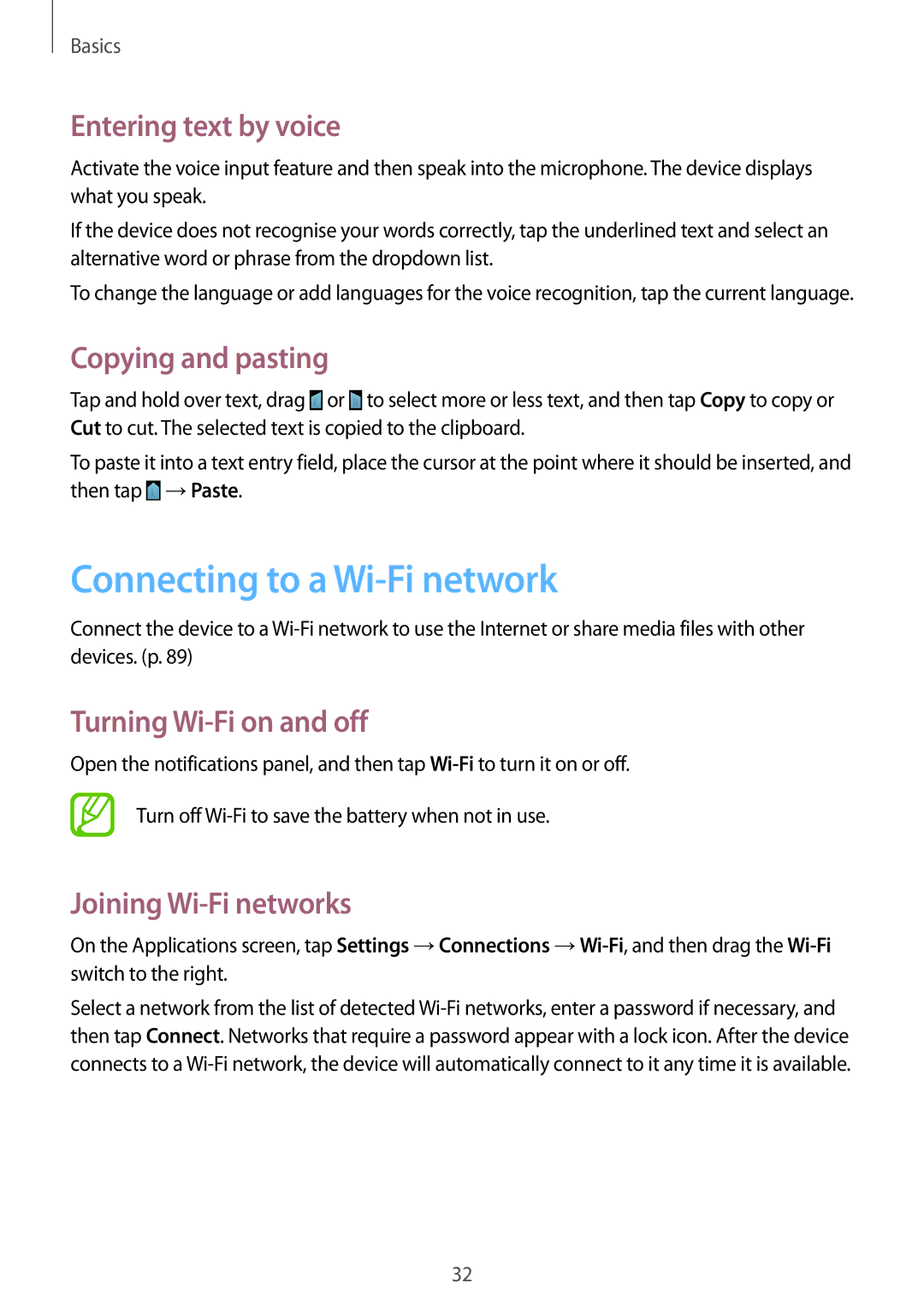 Samsung GT-S7582UWAATO Connecting to a Wi-Fi network, Entering text by voice, Copying and pasting, Joining Wi-Fi networks 