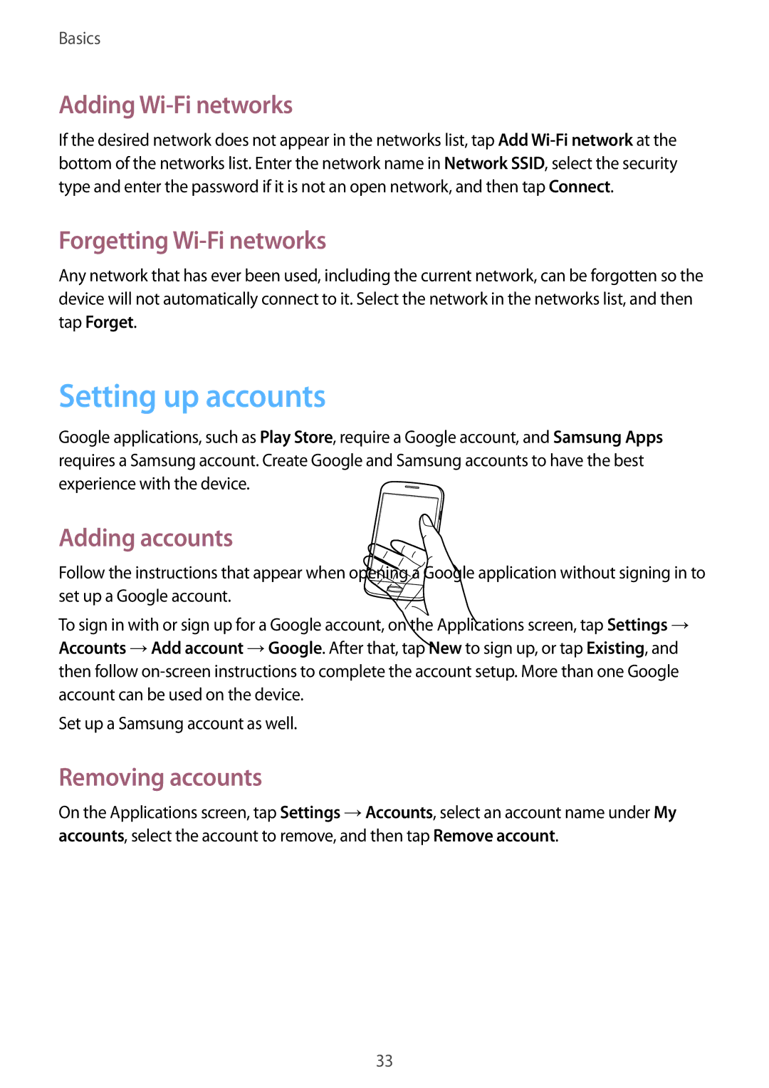 Samsung GT-S7582ZKASEB manual Setting up accounts, Adding Wi-Fi networks, Forgetting Wi-Fi networks, Adding accounts 