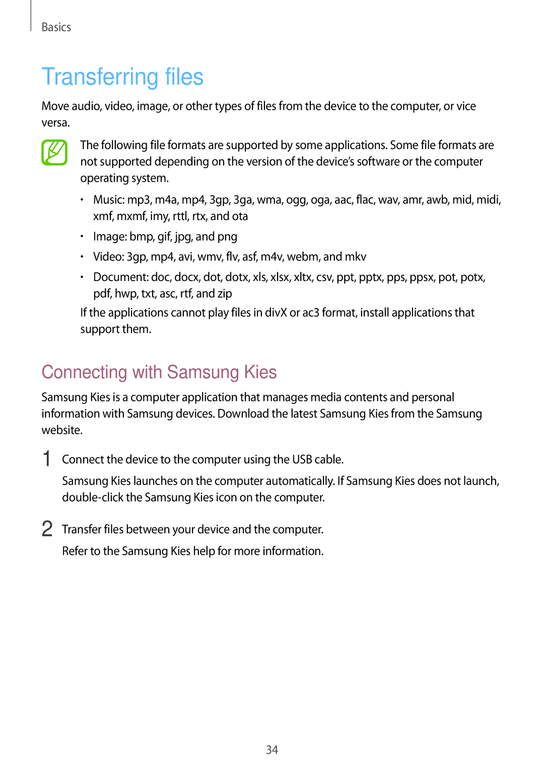 Samsung GT-S7582ZKAXEH, GT-S7582UWAEUR, GT-S7582ZKATPH, GT-S7582ZKAOPT manual Transferring files, Connecting with Samsung Kies 