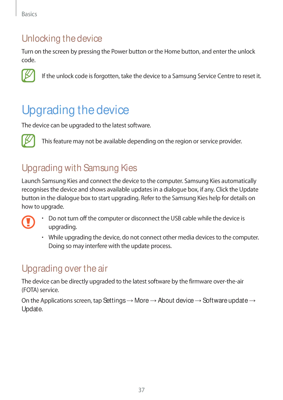 Samsung GT-S7582ZKAOPT Upgrading the device, Unlocking the device, Upgrading with Samsung Kies, Upgrading over the air 