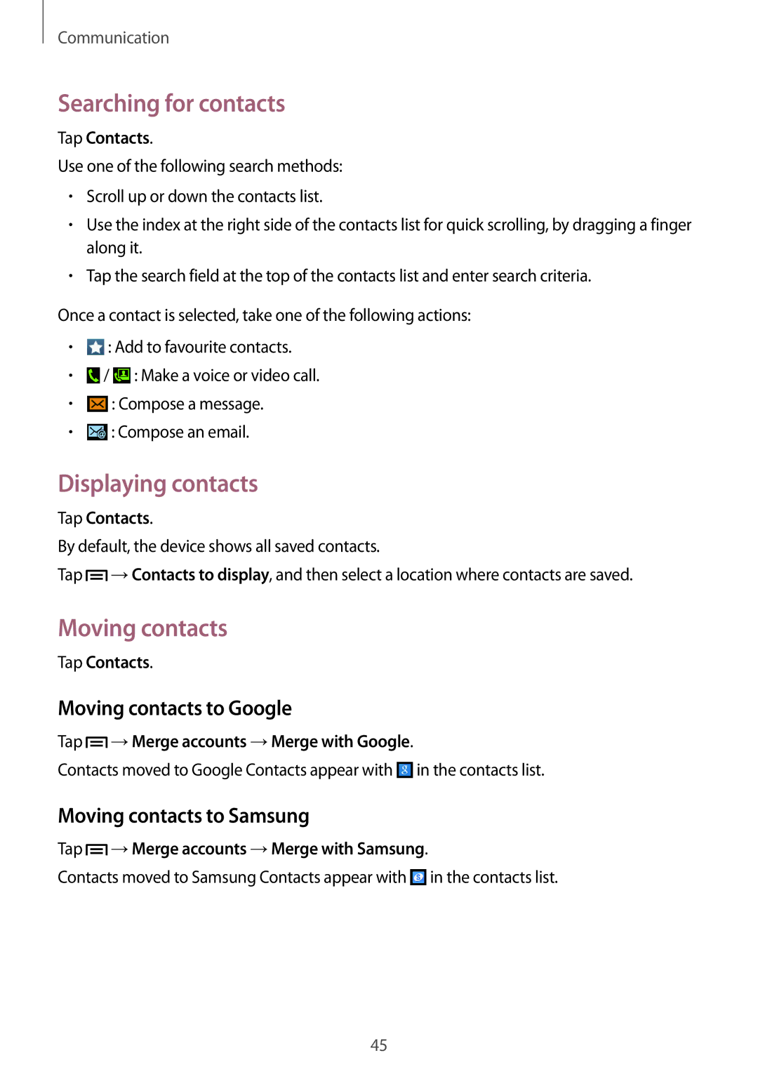 Samsung GT-S7582UWASEB, GT-S7582UWAEUR manual Searching for contacts, Displaying contacts, Moving contacts to Google 