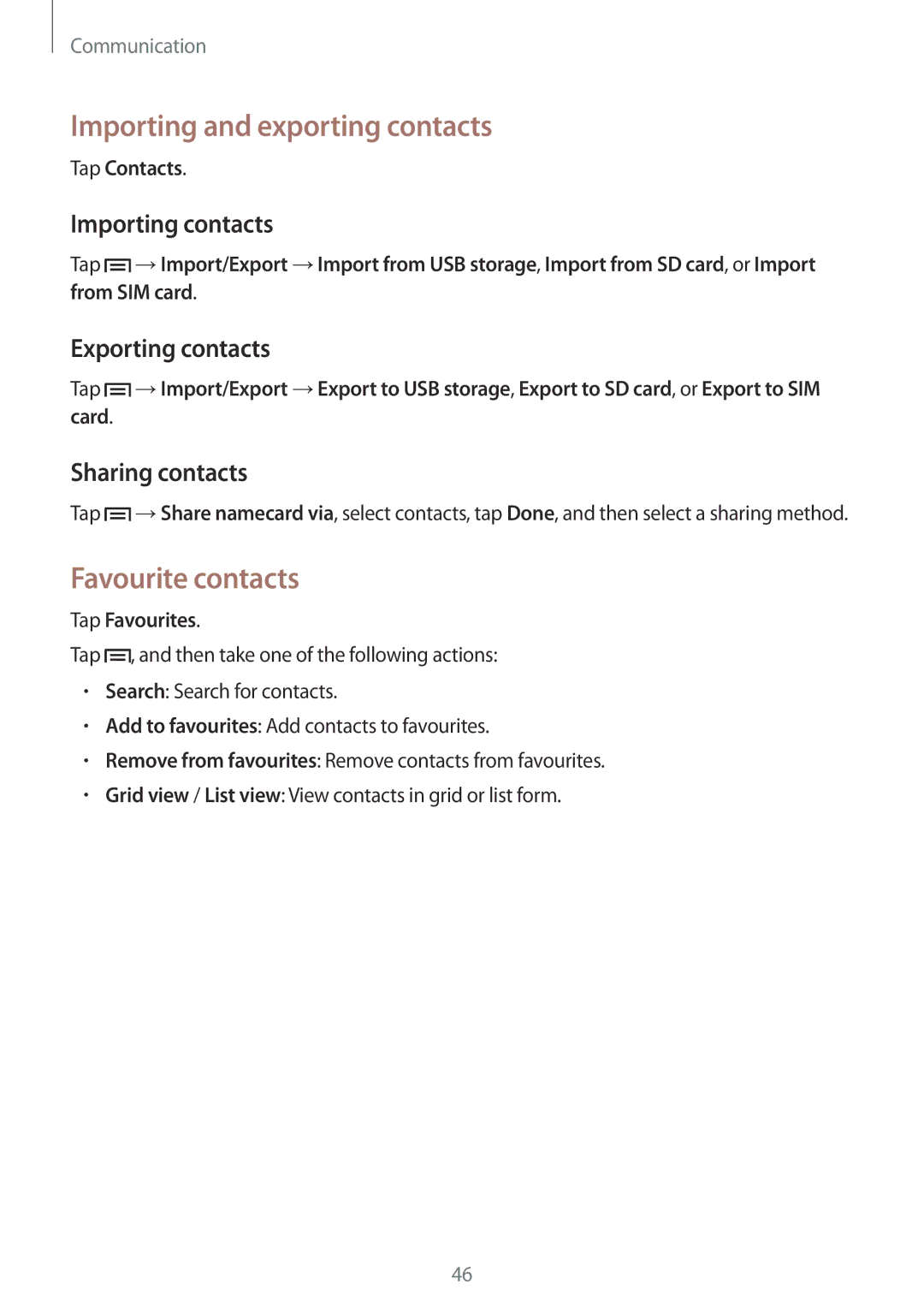 Samsung GT-S7582ZKABTC manual Importing and exporting contacts, Favourite contacts, Importing contacts, Exporting contacts 