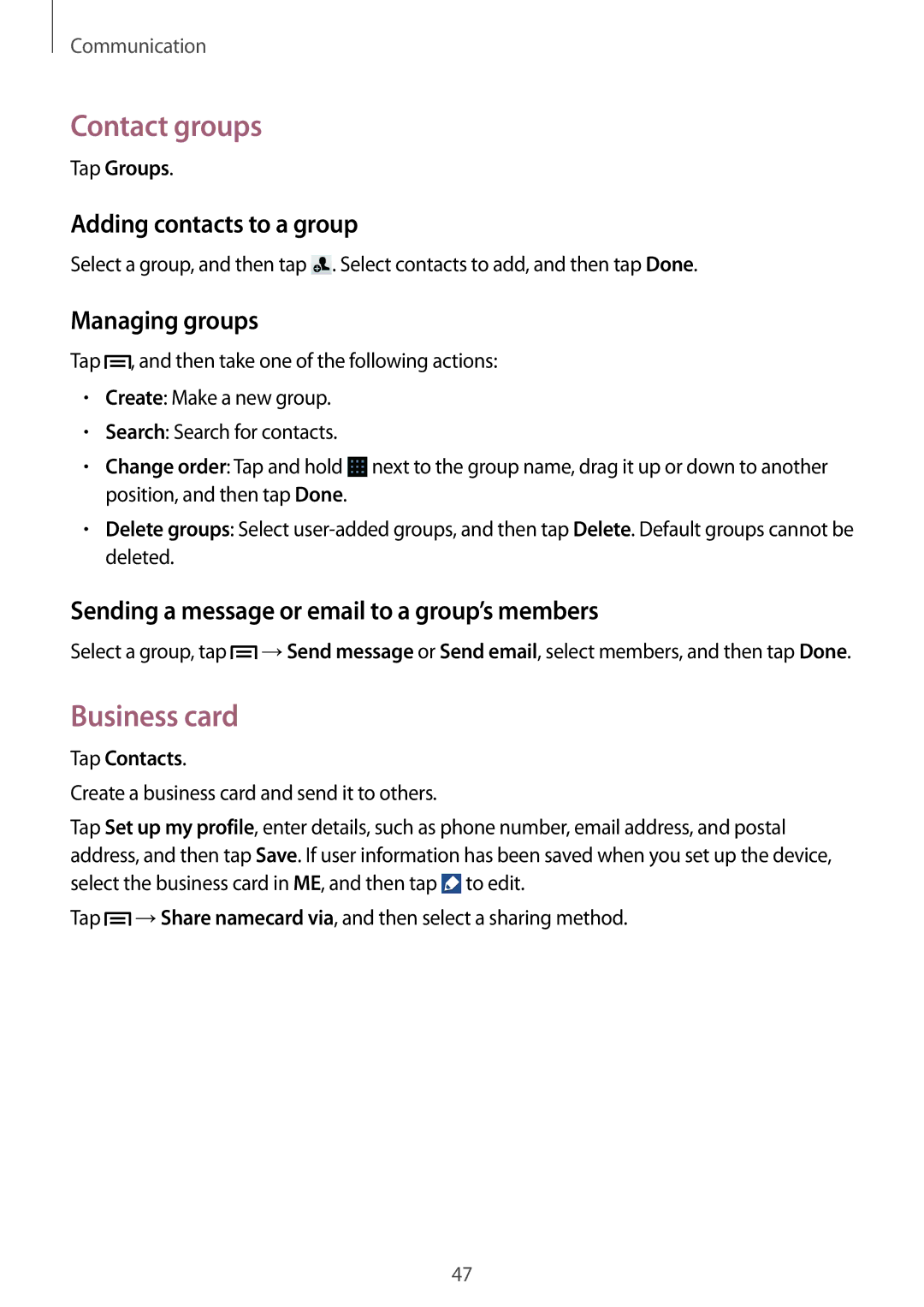 Samsung GT2S7582UWABGL, GT-S7582UWAEUR manual Contact groups, Business card, Adding contacts to a group, Managing groups 