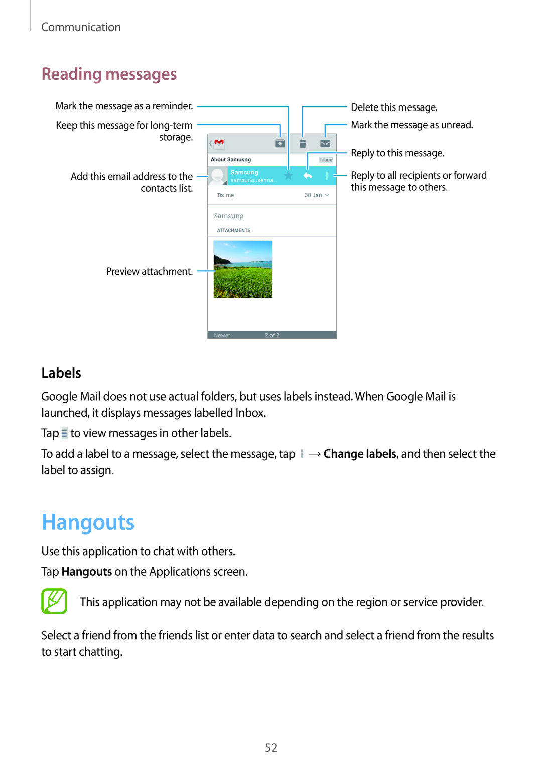 Samsung GT2S7582ZKABGL, GT-S7582UWAEUR, GT-S7582ZKATPH, GT-S7582ZKAOPT, GT2S7582ZKADBT, GT-S7582UWADBT manual Hangouts, Labels 