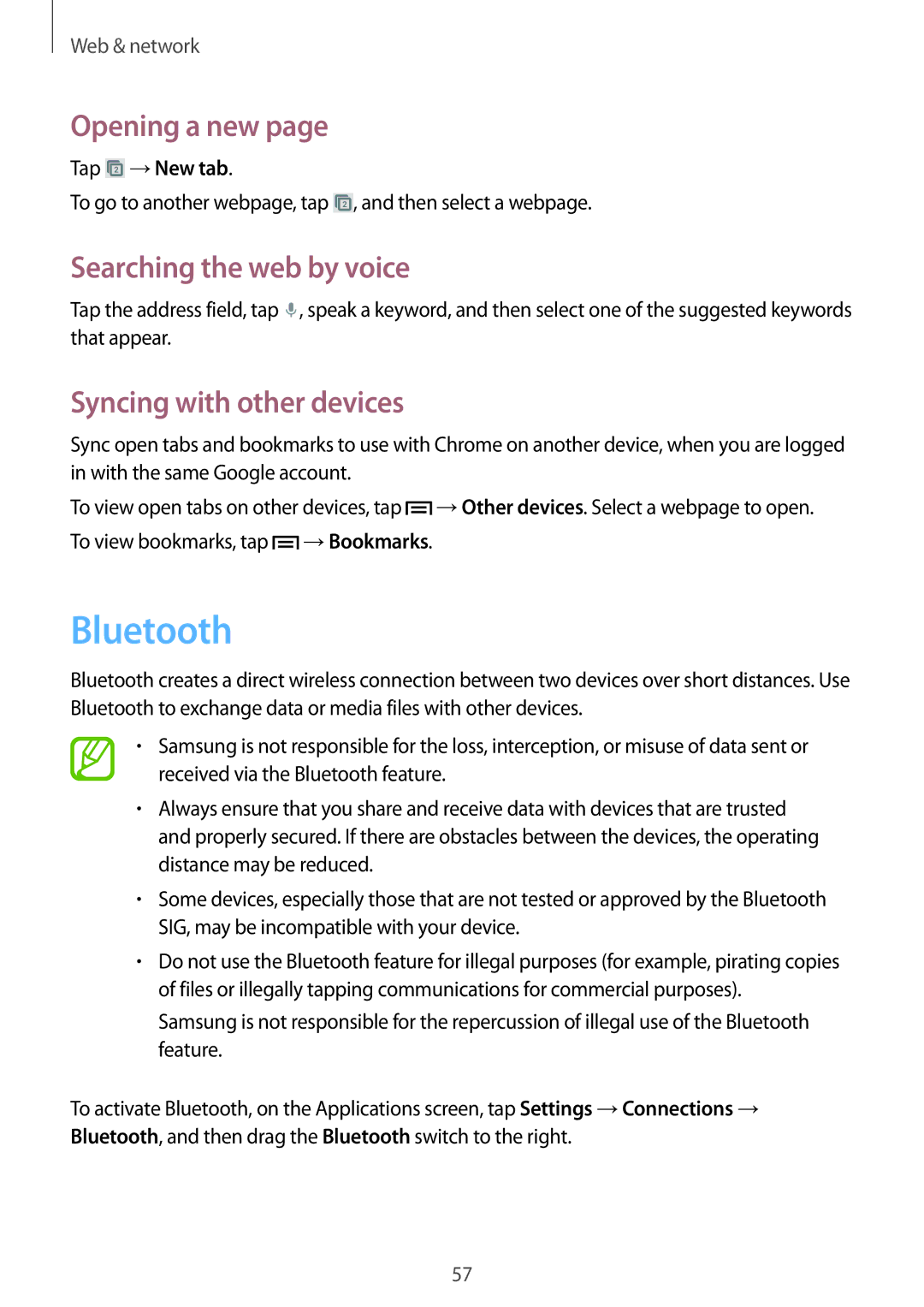 Samsung GT2S7582ZKAORX, GT-S7582UWAEUR, GT-S7582ZKATPH, GT-S7582ZKAOPT Bluetooth, Syncing with other devices, Tap →New tab 