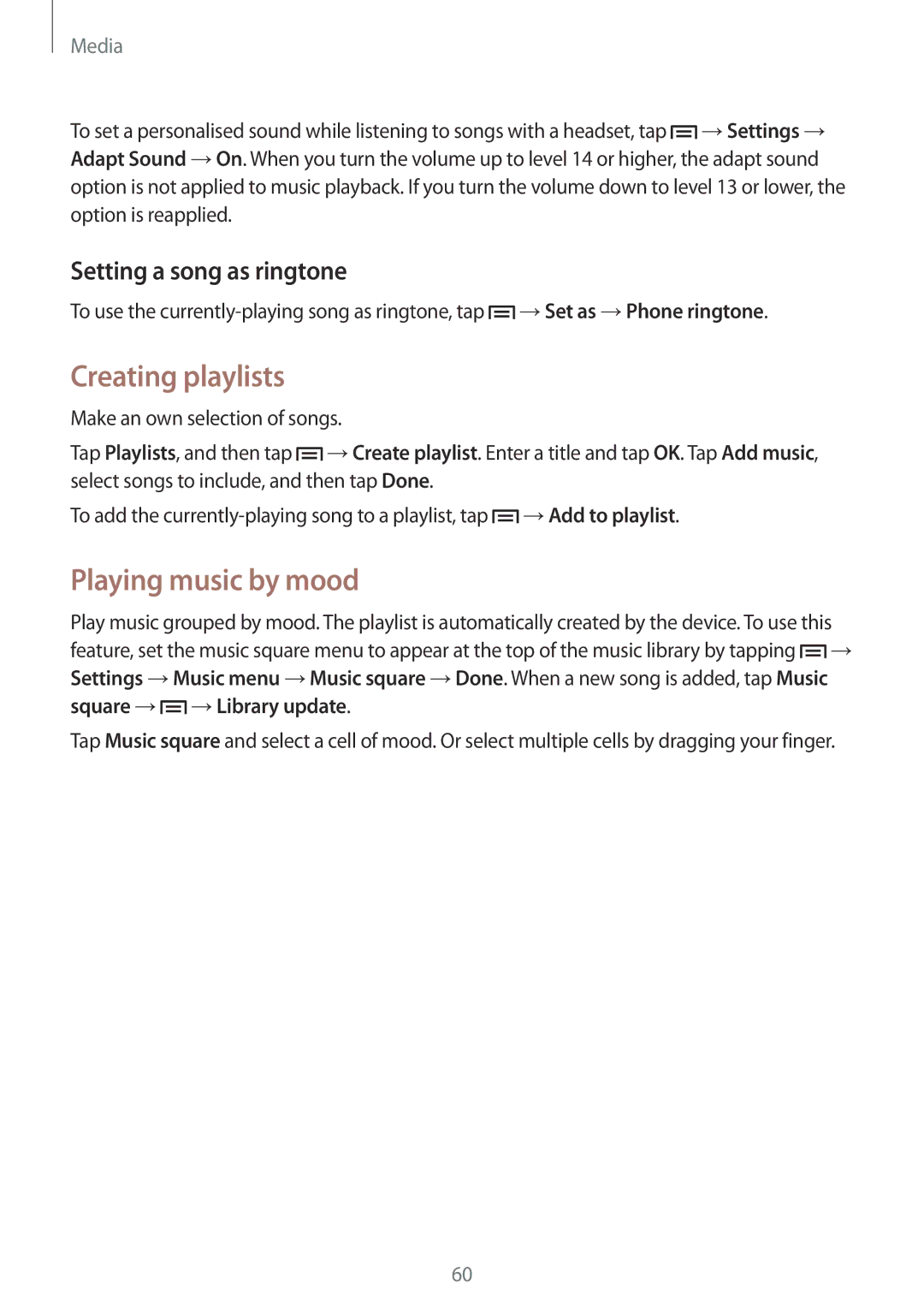 Samsung GT-S7582UWAETL, GT-S7582UWAEUR manual Creating playlists, Playing music by mood, Setting a song as ringtone 