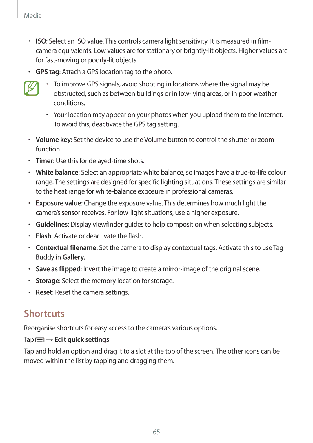 Samsung GT-S7582UWAROM, GT-S7582UWAEUR, GT-S7582ZKATPH, GT-S7582ZKAOPT, GT2S7582ZKADBT Shortcuts, Tap →Edit quick settings 