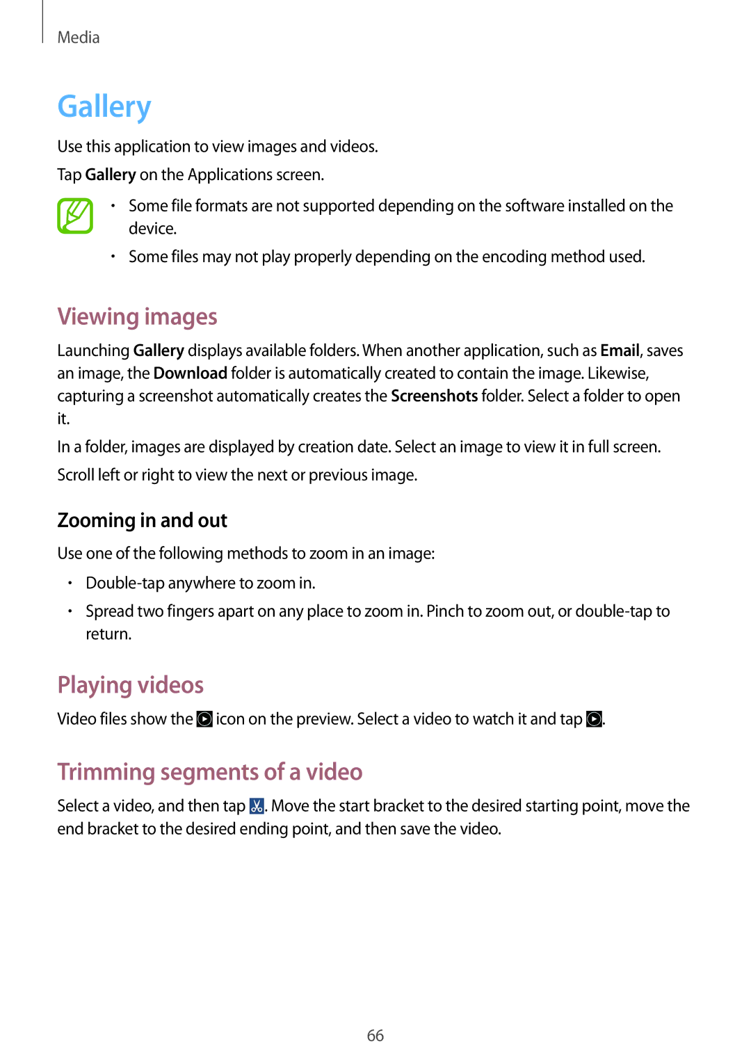Samsung GT-S7582ZKAORX manual Gallery, Viewing images, Playing videos, Trimming segments of a video, Zooming in and out 