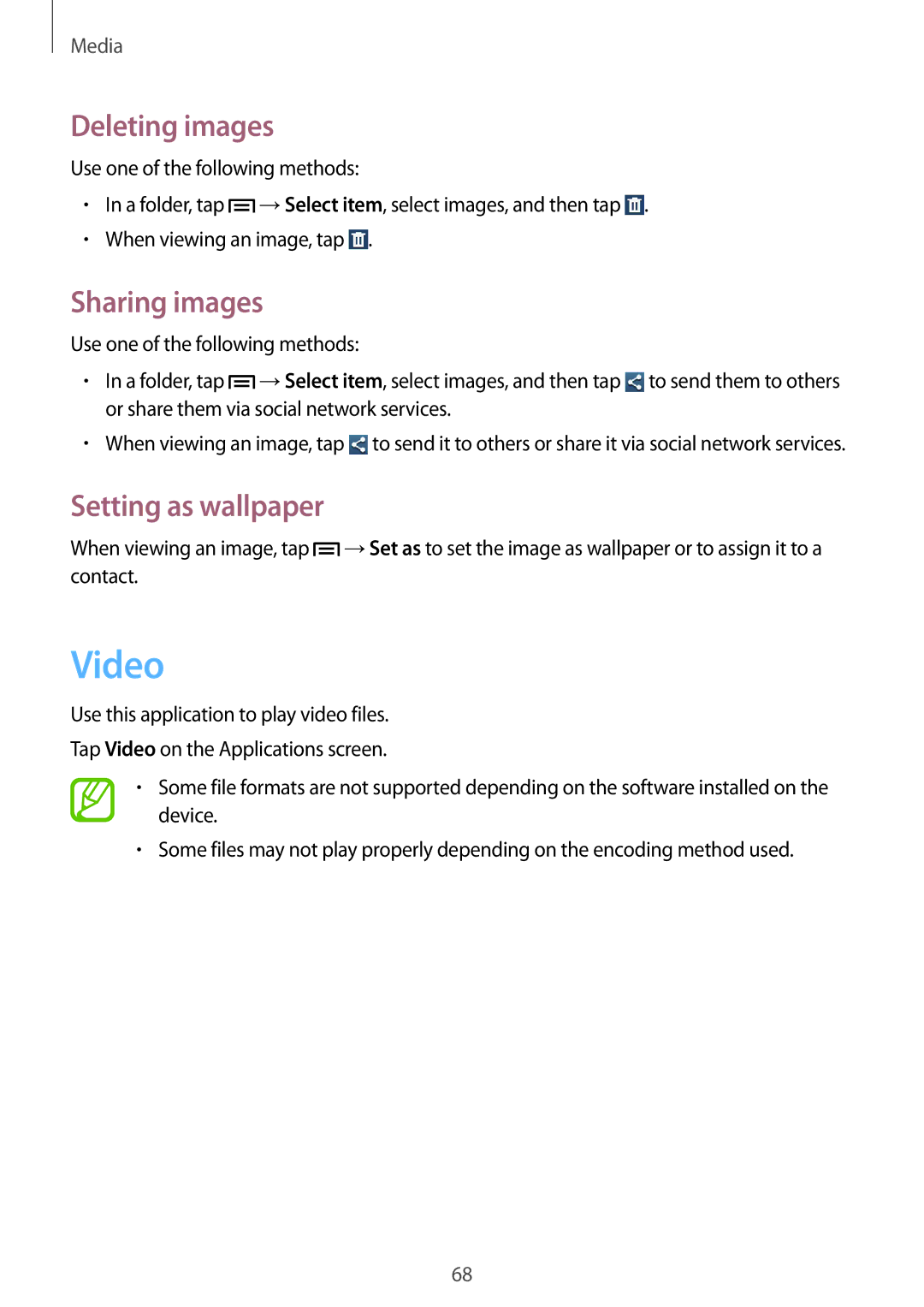 Samsung GT-S7582ZKASEB, GT-S7582UWAEUR, GT-S7582ZKATPH manual Video, Deleting images, Sharing images, Setting as wallpaper 