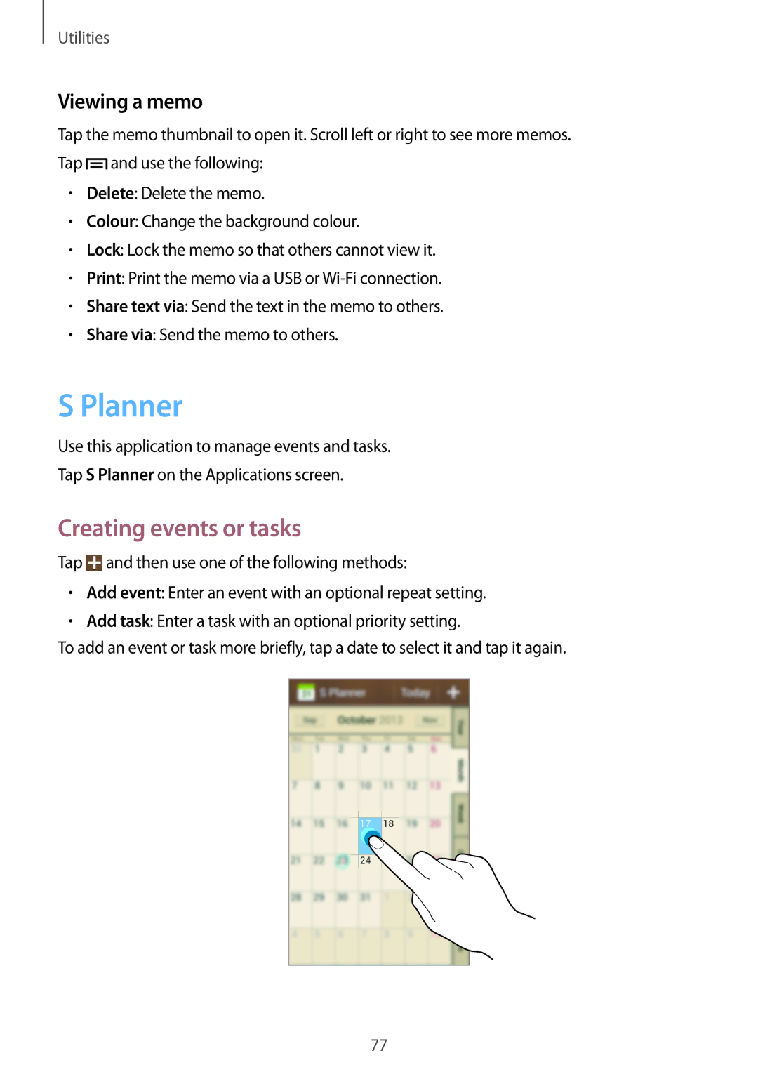 Samsung GT-S7582ZKAEUR, GT-S7582UWAEUR, GT-S7582ZKATPH, GT-S7582ZKAOPT Planner, Creating events or tasks, Viewing a memo 