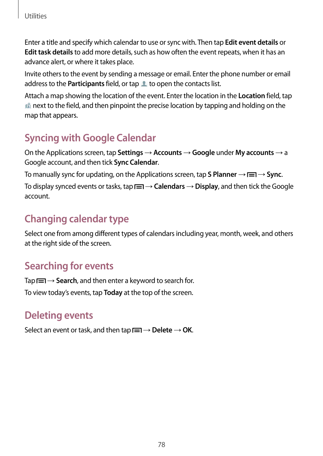 Samsung GT-S7582ZKADBT manual Syncing with Google Calendar, Changing calendar type, Searching for events, Deleting events 