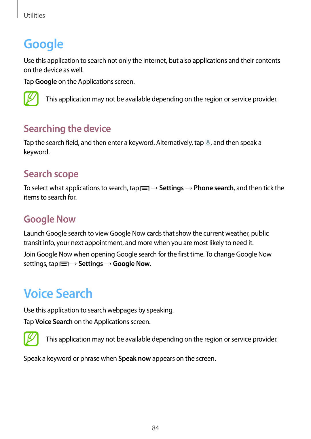 Samsung GT-S7582UWABGL, GT-S7582UWAEUR, GT-S7582ZKATPH Voice Search, Searching the device, Search scope, Google Now 