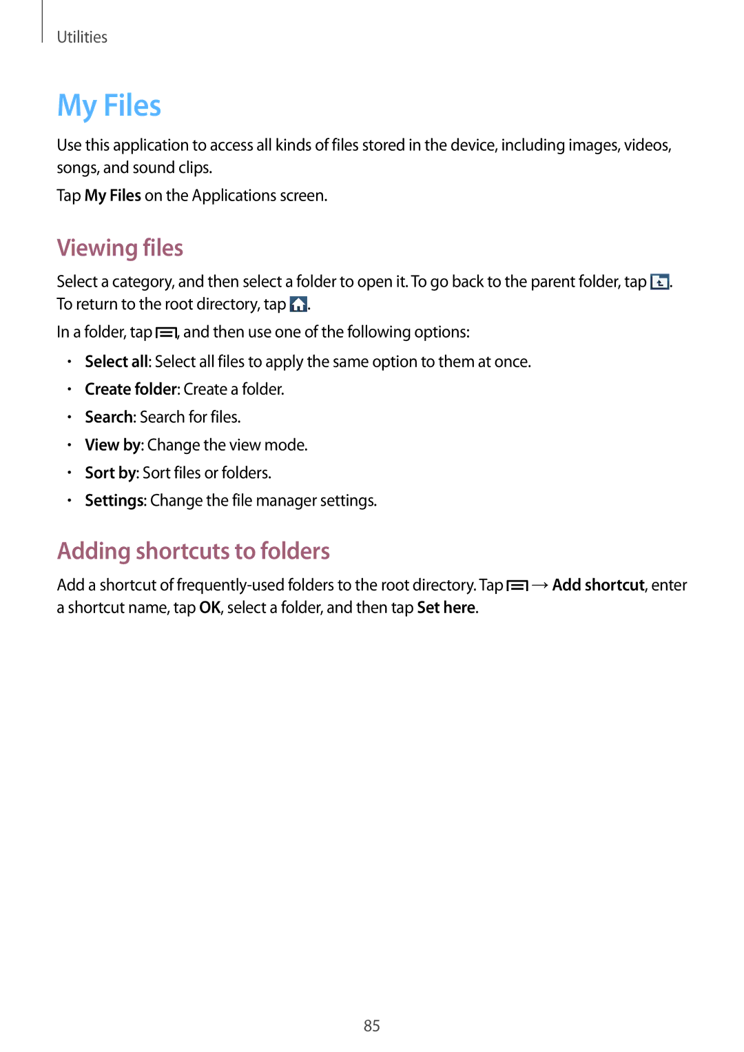 Samsung GT-S7582ZKAVVT, GT-S7582UWAEUR, GT-S7582ZKATPH, GT-S7582ZKAOPT My Files, Viewing files, Adding shortcuts to folders 