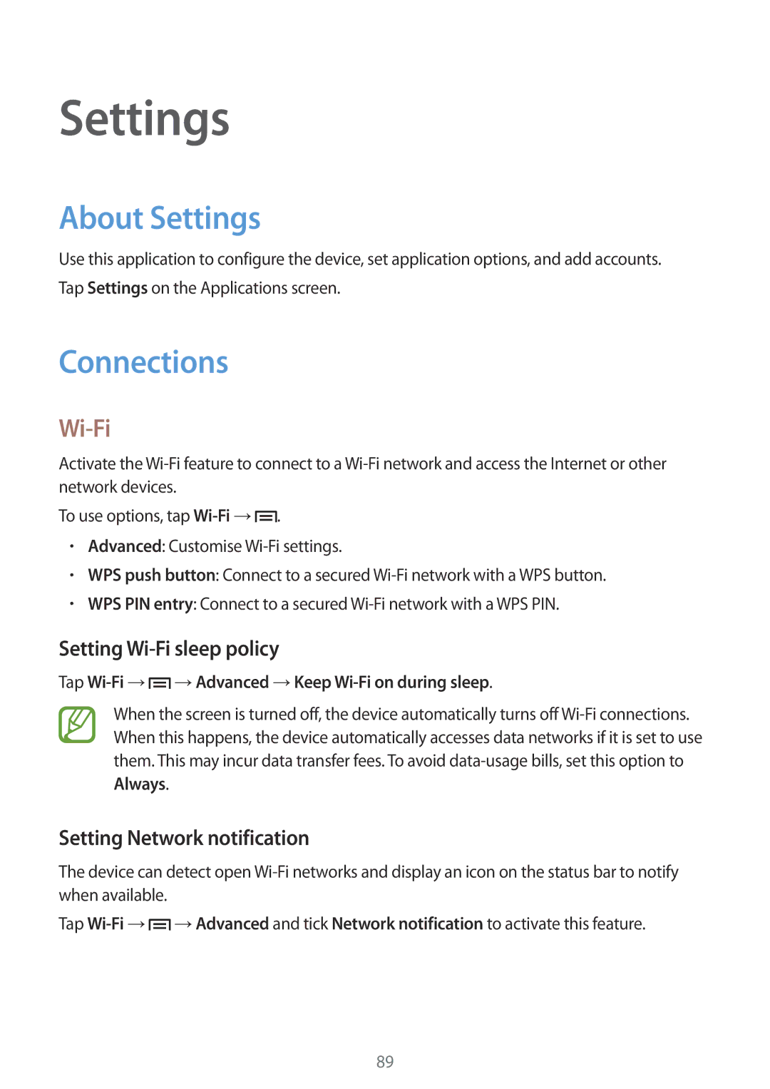 Samsung GT2S7582UWAXEH, GT-S7582UWAEUR, GT-S7582ZKATPH, GT-S7582ZKAOPT, GT2S7582ZKADBT About Settings, Connections, Wi-Fi 