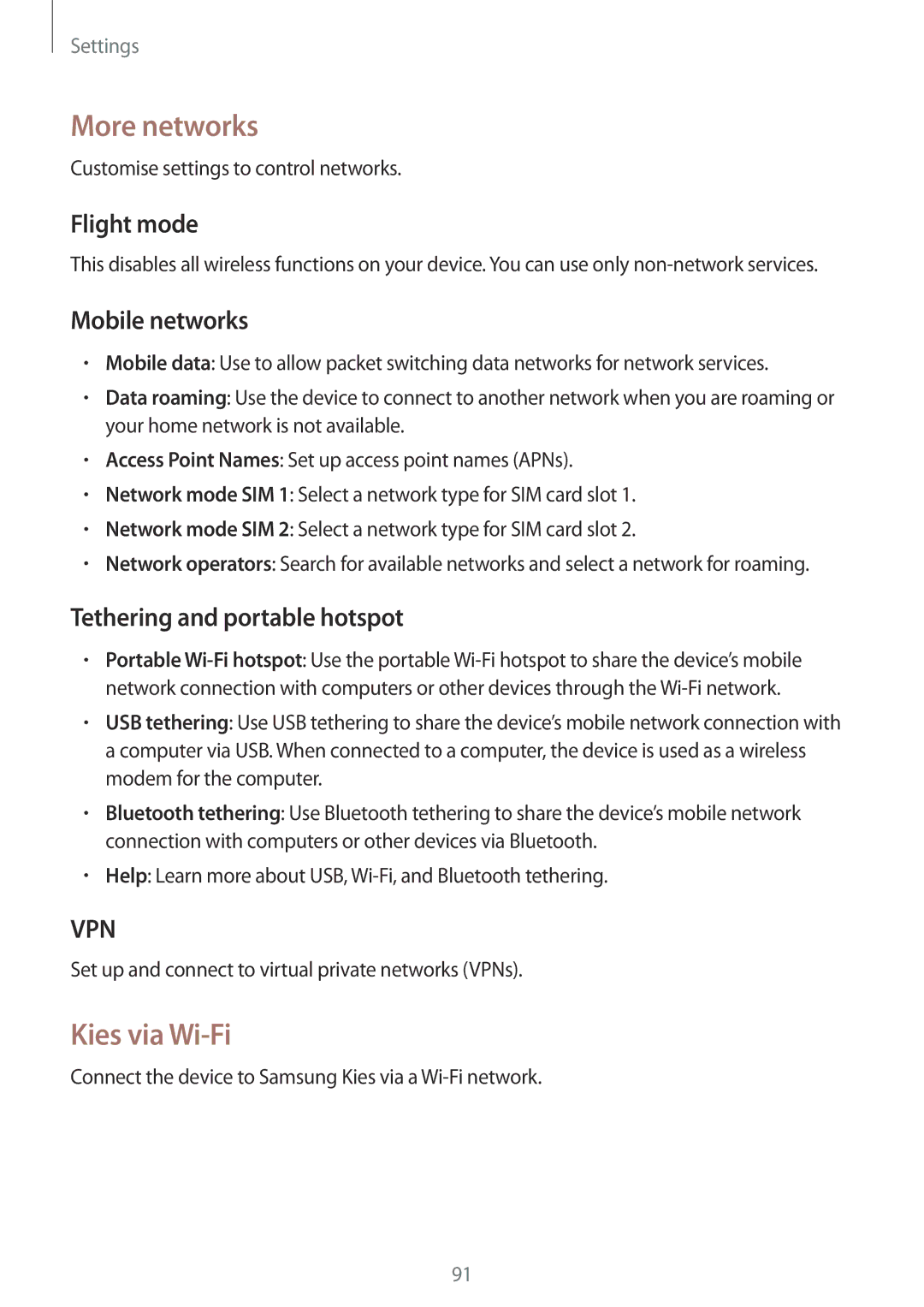 Samsung GT-S7582UWAXEH manual More networks, Kies via Wi-Fi, Flight mode, Mobile networks, Tethering and portable hotspot 