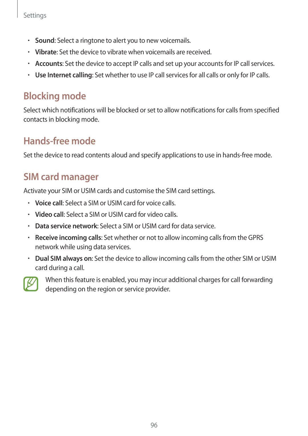 Samsung GT2S7582ZKAETL, GT-S7582UWAEUR, GT-S7582ZKATPH, GT-S7582ZKAOPT manual Blocking mode, Hands-free mode, SIM card manager 