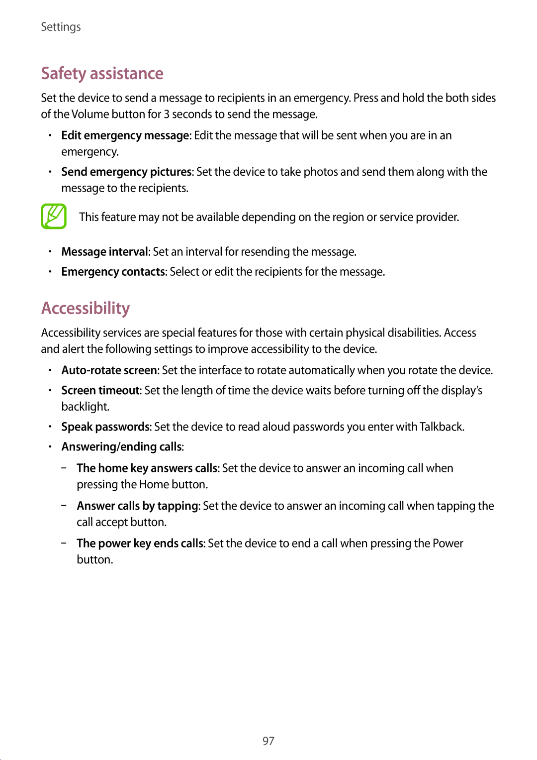 Samsung GT2S7582UWAETL, GT-S7582UWAEUR, GT-S7582ZKATPH, GT-S7582ZKAOPT, GT2S7582ZKADBT manual Safety assistance, Accessibility 