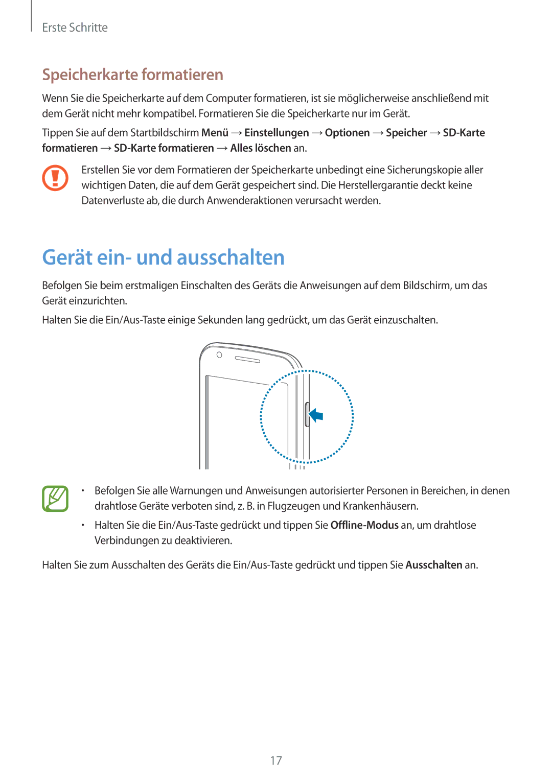 Samsung GT2S7582UWADBT, GT-S7582UWAEUR, GT-S7582ZKATPH, GT-S7582ZKAOPT Gerät ein- und ausschalten, Speicherkarte formatieren 