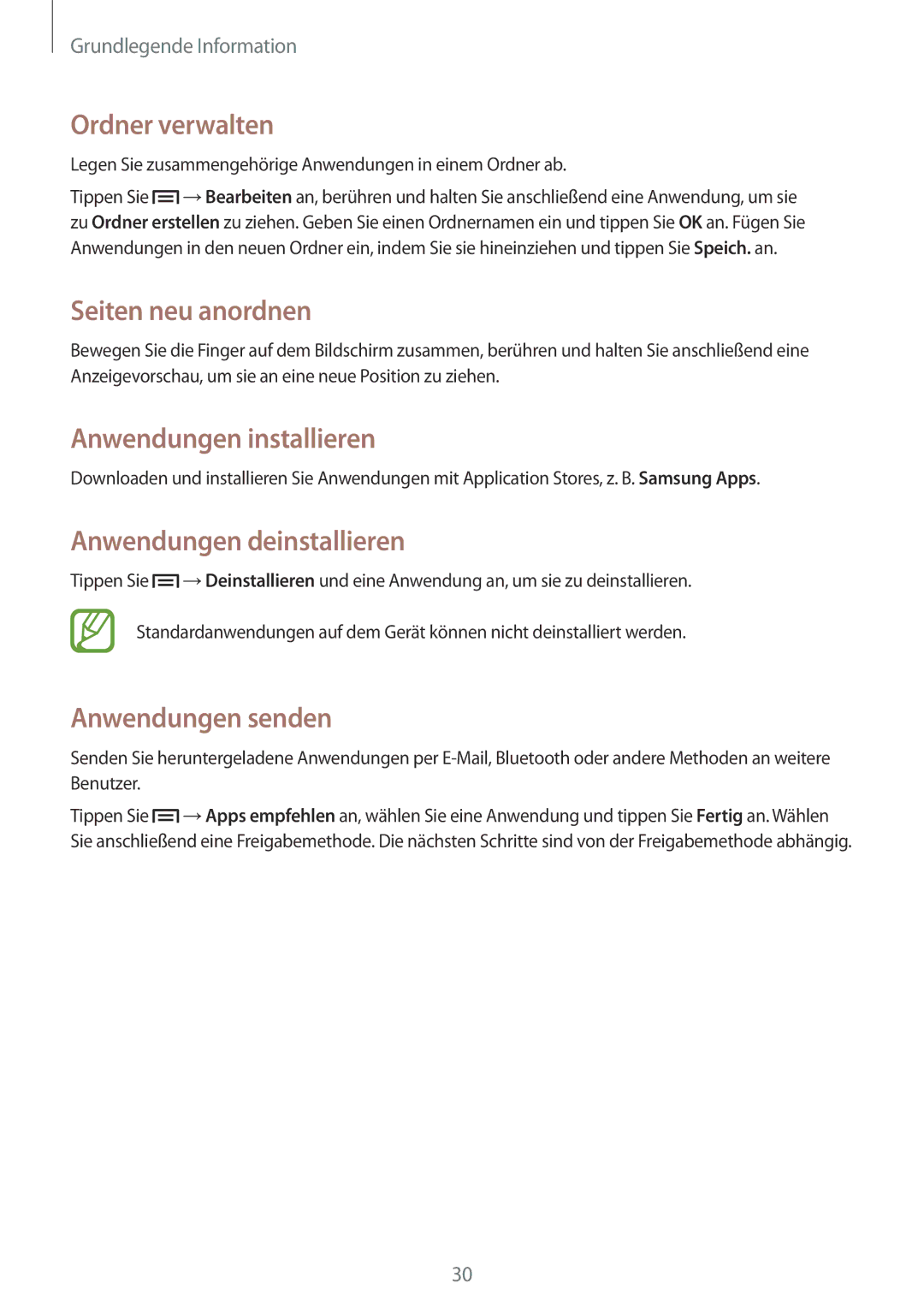 Samsung GT-S7582ZKADBT manual Ordner verwalten, Anwendungen installieren, Anwendungen deinstallieren, Anwendungen senden 