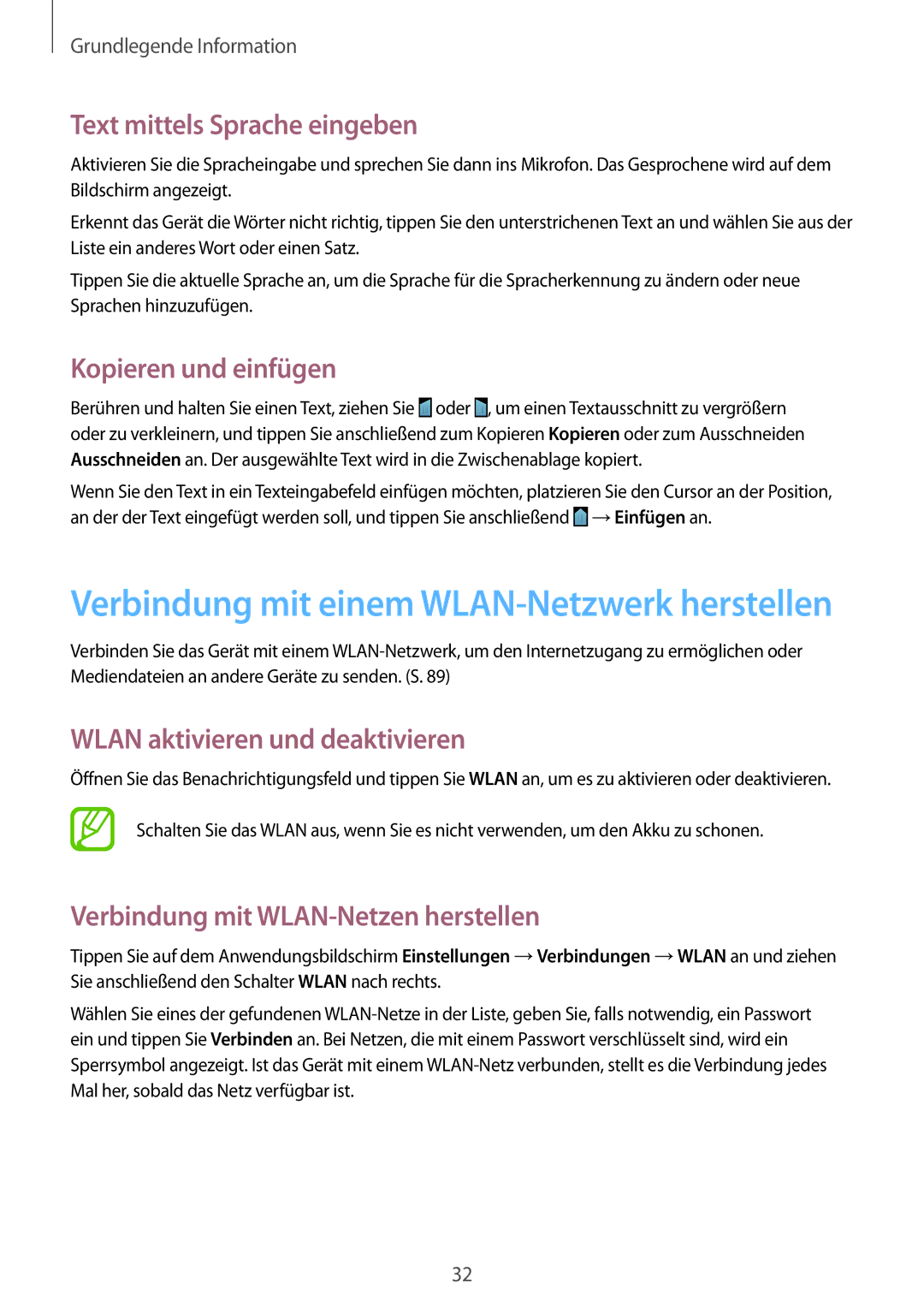 Samsung GT-S7582UWASEB manual Text mittels Sprache eingeben, Kopieren und einfügen, Wlan aktivieren und deaktivieren 