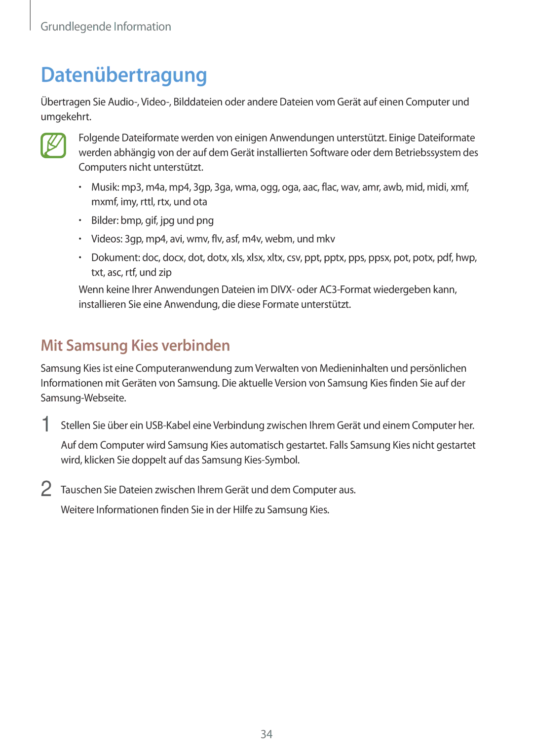 Samsung GT-S7582ZKATPH, GT-S7582UWAEUR, GT-S7582ZKAOPT, GT2S7582ZKADBT manual Datenübertragung, Mit Samsung Kies verbinden 