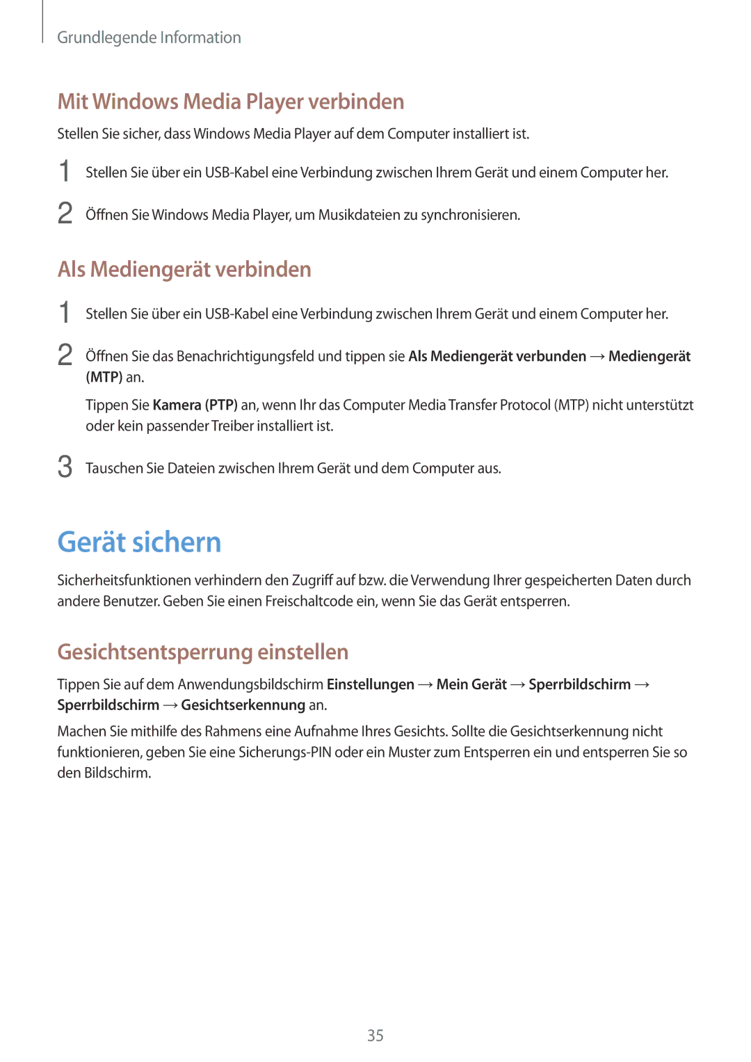 Samsung GT-S7582ZKAOPT, GT-S7582UWAEUR manual Gerät sichern, Mit Windows Media Player verbinden, Als Mediengerät verbinden 