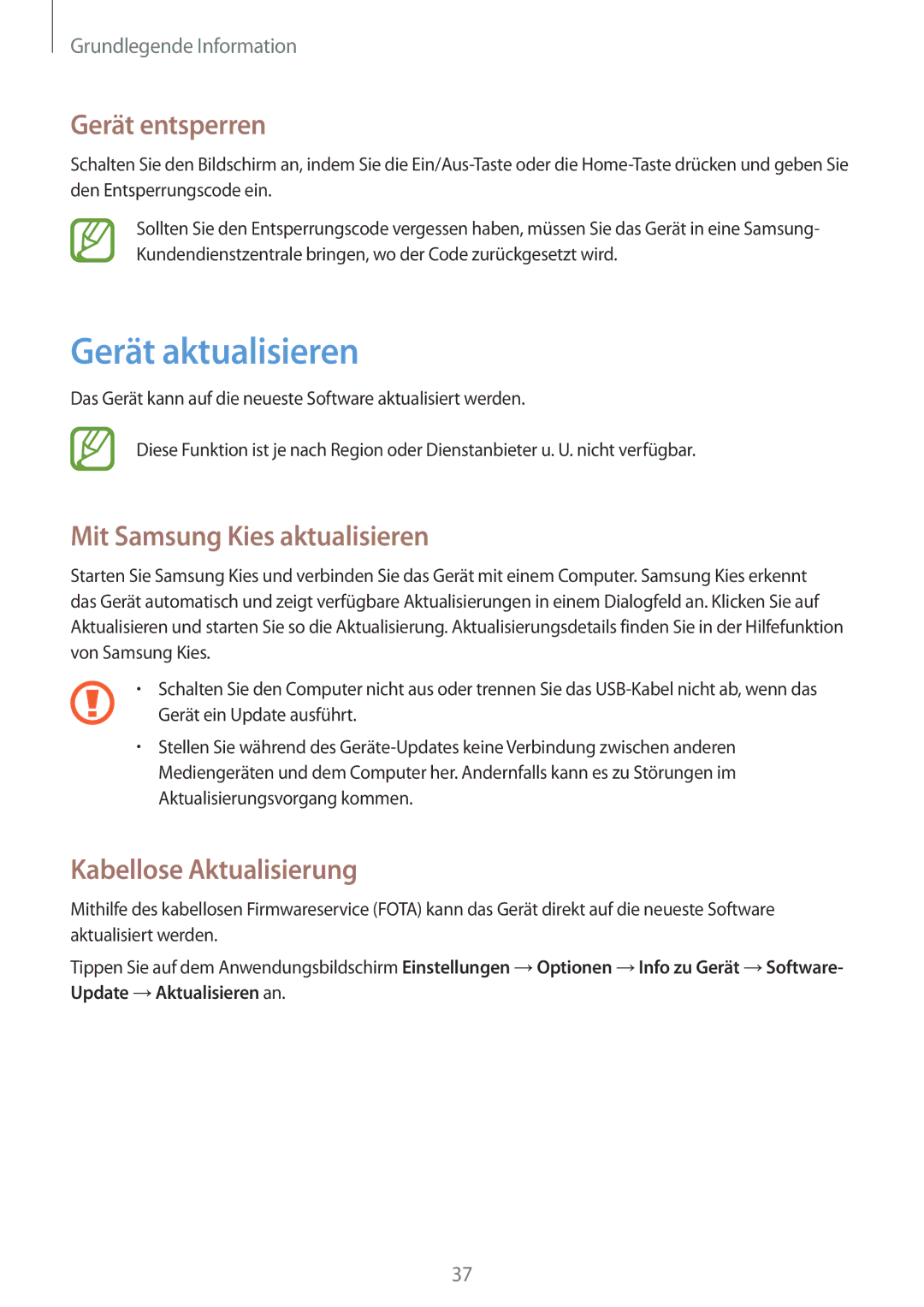 Samsung GT-S7582UWADBT Gerät aktualisieren, Gerät entsperren, Mit Samsung Kies aktualisieren, Kabellose Aktualisierung 