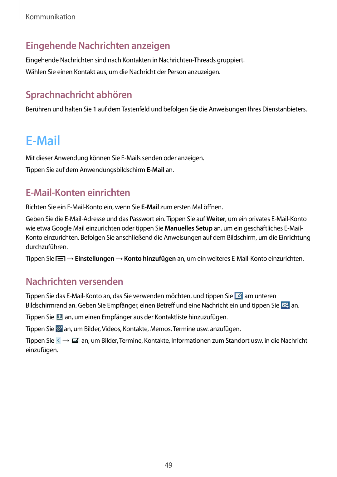 Samsung GT-S7582UWATPH, GT-S7582UWAEUR, GT-S7582ZKATPH manual Eingehende Nachrichten anzeigen, Mail-Konten einrichten 