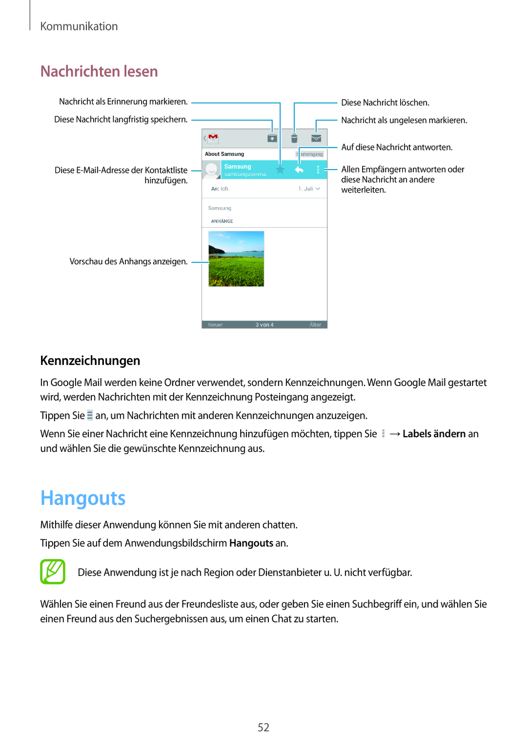 Samsung GT-S7582ZKADBT, GT-S7582UWAEUR, GT-S7582ZKATPH, GT-S7582ZKAOPT, GT2S7582ZKADBT manual Hangouts, Kennzeichnungen 