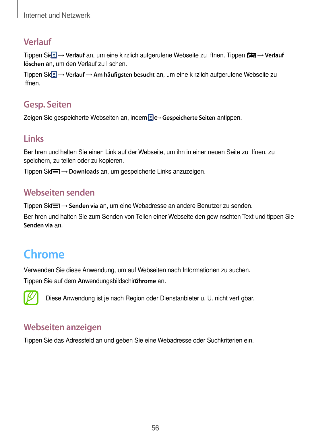 Samsung GT-S7582ZKATPH, GT-S7582UWAEUR, GT-S7582ZKAOPT manual Chrome, Verlauf, Gesp. Seiten, Links, Webseiten senden 